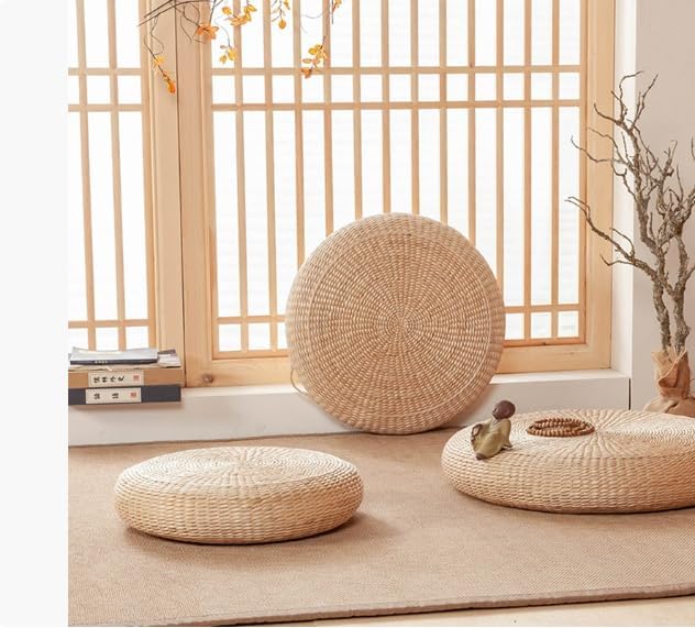 1pcs Straw Cushion Floor Pillow Japanese Style Handcrafted Tatami Floor Cushion Mat Natural Woven Grass Seat Cushions Round Padded Room Floor Straw Mat for Home (16 inch×3.9 inch)