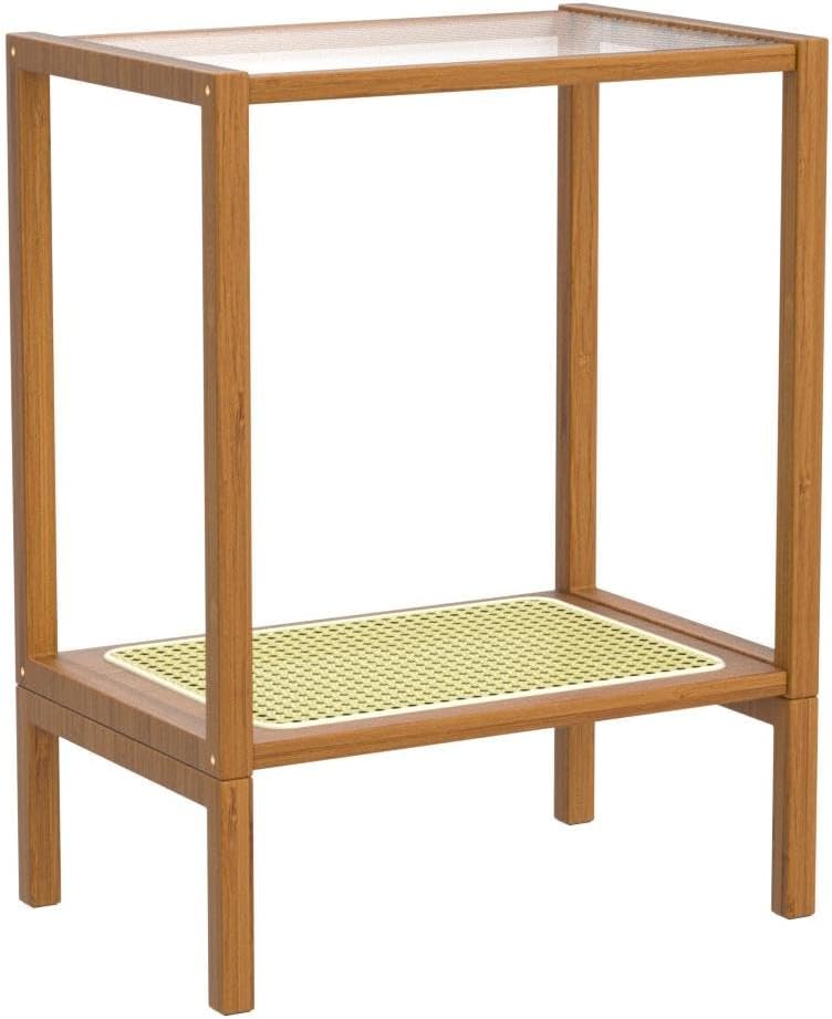 Bamworld Rattan Side Table Living Room Glasstop Night Stand Boho End Table 2-Tier with Storage Mid Century Modern Bedside Table for Small Spaces Narrow Coffee Table Bamboo
