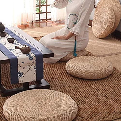 1pcs Straw Cushion Floor Pillow Japanese Style Handcrafted Tatami Floor Cushion Mat Natural Woven Grass Seat Cushions Round Padded Room Floor Straw Mat for Home (16 inch×3.9 inch)