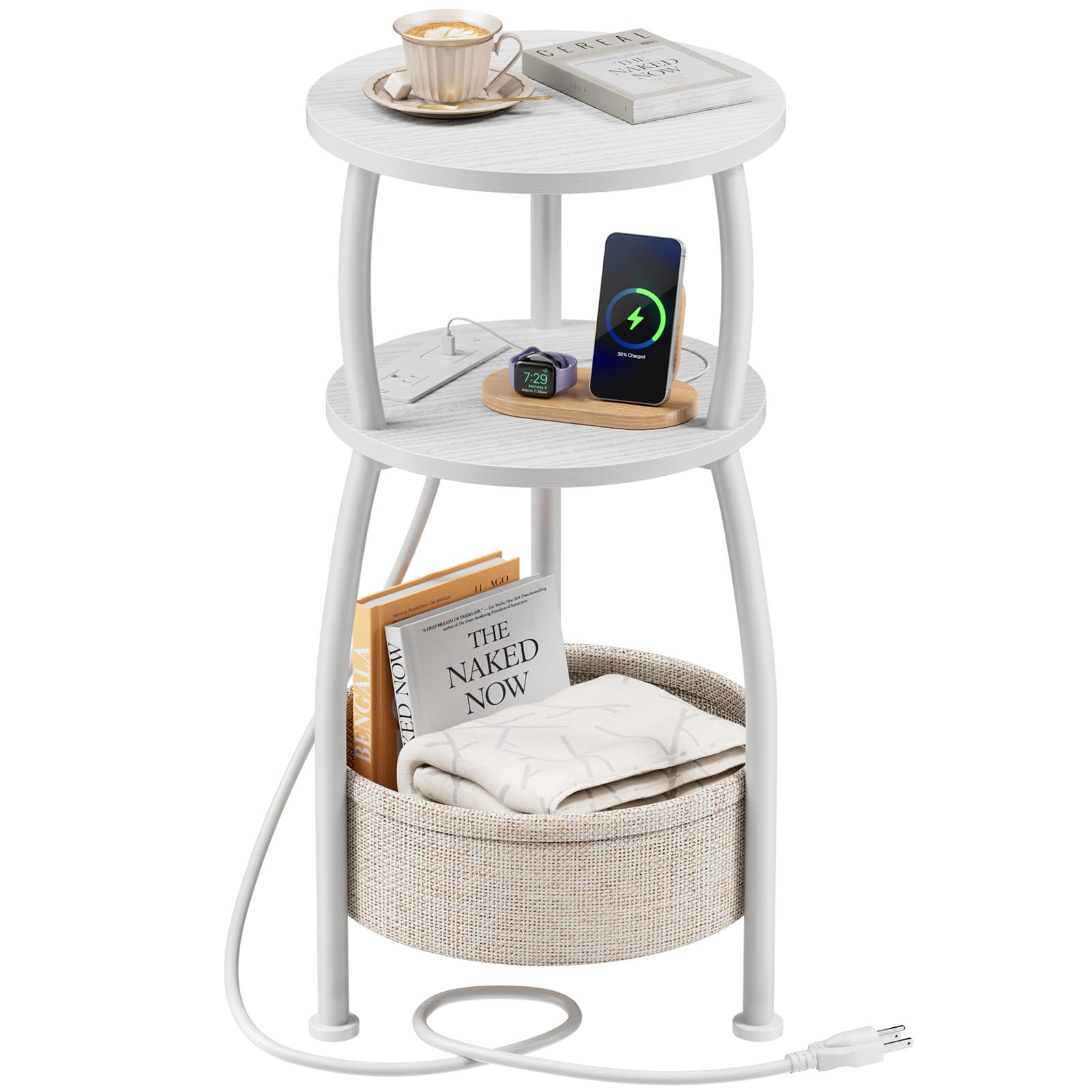 Round Side Table for Small Spaces with Storage Basket –Small End Table 3-Tier Night Stand Sofa Corner Table for Living Room, Bedroom, Patio and More 24in Tall Rustic Brown