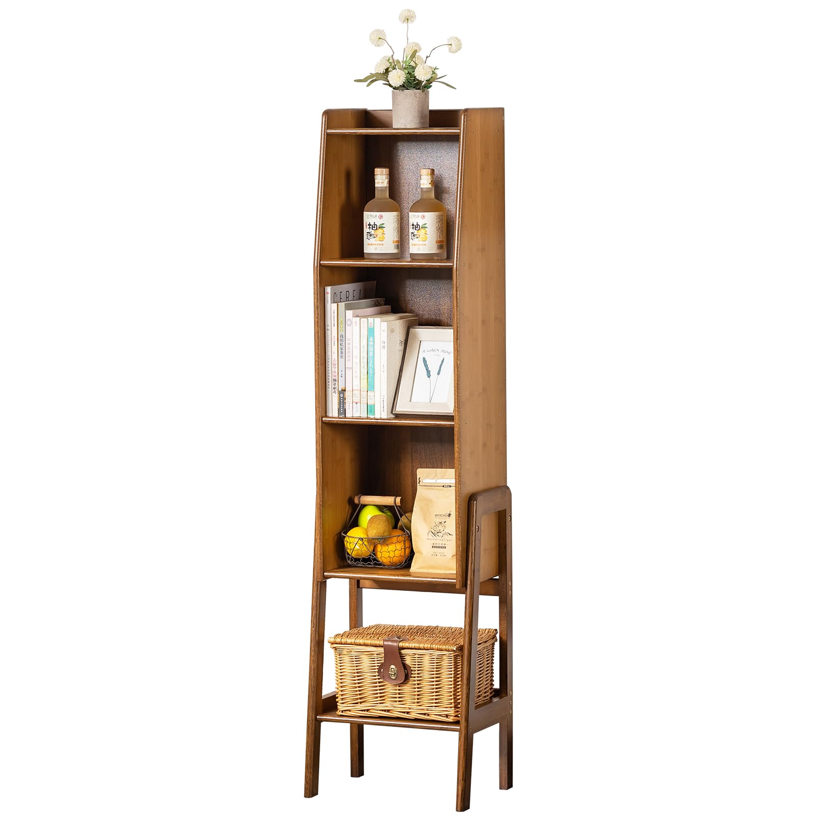 Welnow Bamboo Rattan Bookcase with Cabinet, 3-Tier Storage Shelf with Side Table & End Table Function, Large Modern Wood Organizer for Living Room or Bedroom, Natural Bookshelf