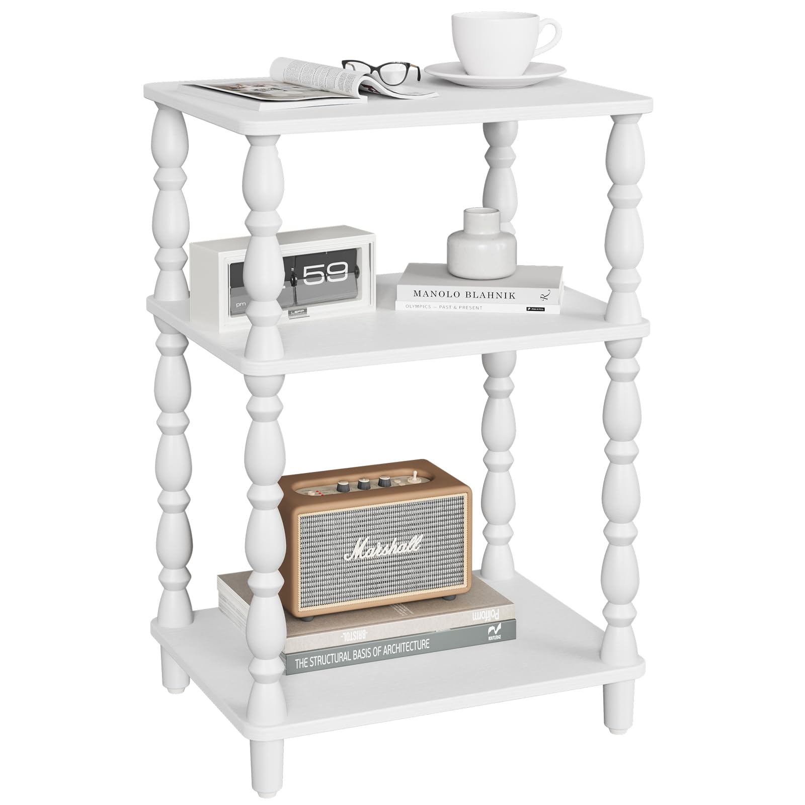 Yoobure Small Side Table - Vintage End Tables Living Room with Spindle Legs, Accent Night Stand with 3-Tier Storage Shelf, Wood Nightstand for Bedroom, Bedside Table for Narrow Spaces, Walnut