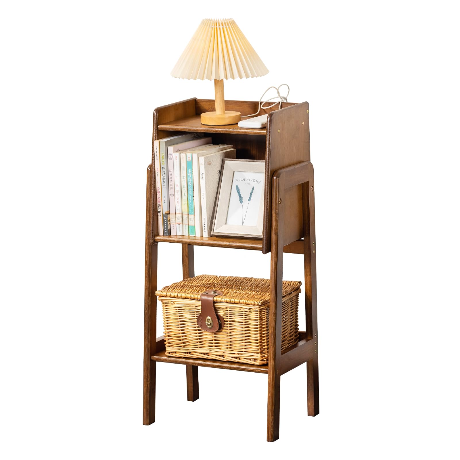 Welnow Bamboo Rattan Bookcase with Cabinet, 3-Tier Storage Shelf with Side Table & End Table Function, Large Modern Wood Organizer for Living Room or Bedroom, Natural Bookshelf