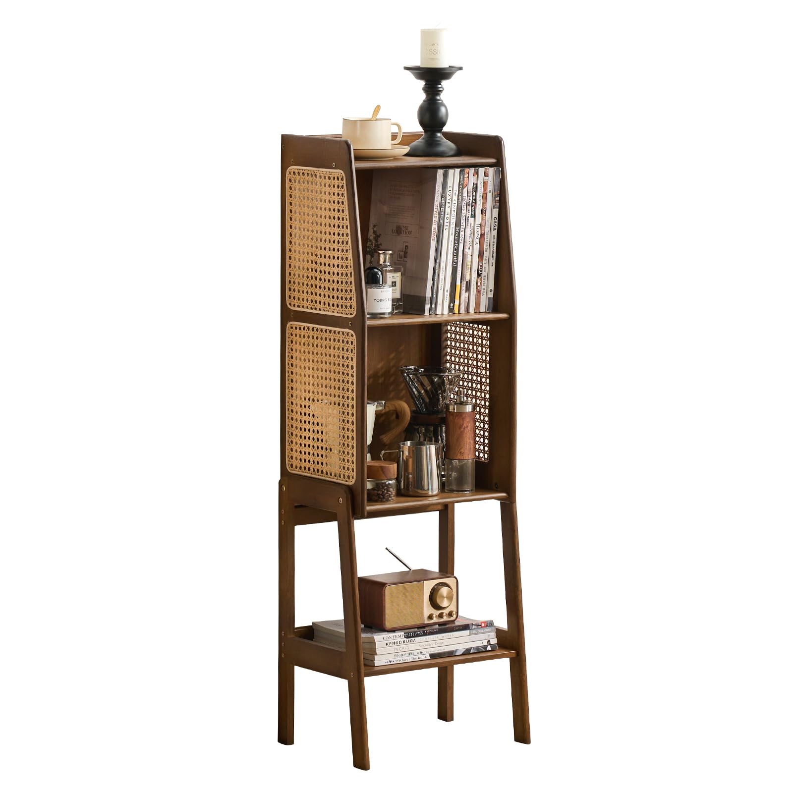 Welnow Bamboo Rattan Bookcase with Cabinet, 3-Tier Storage Shelf with Side Table & End Table Function, Large Modern Wood Organizer for Living Room or Bedroom, Natural Bookshelf