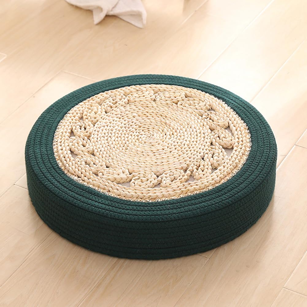 Straw Woven Meditation Sitting Pad & Floor Cushion – Round Natural Tatami Mat for Zen Yoga, Boho Home Decor, Ottoman Foot Rest and Kneeling Seat (Red, 19.7in)