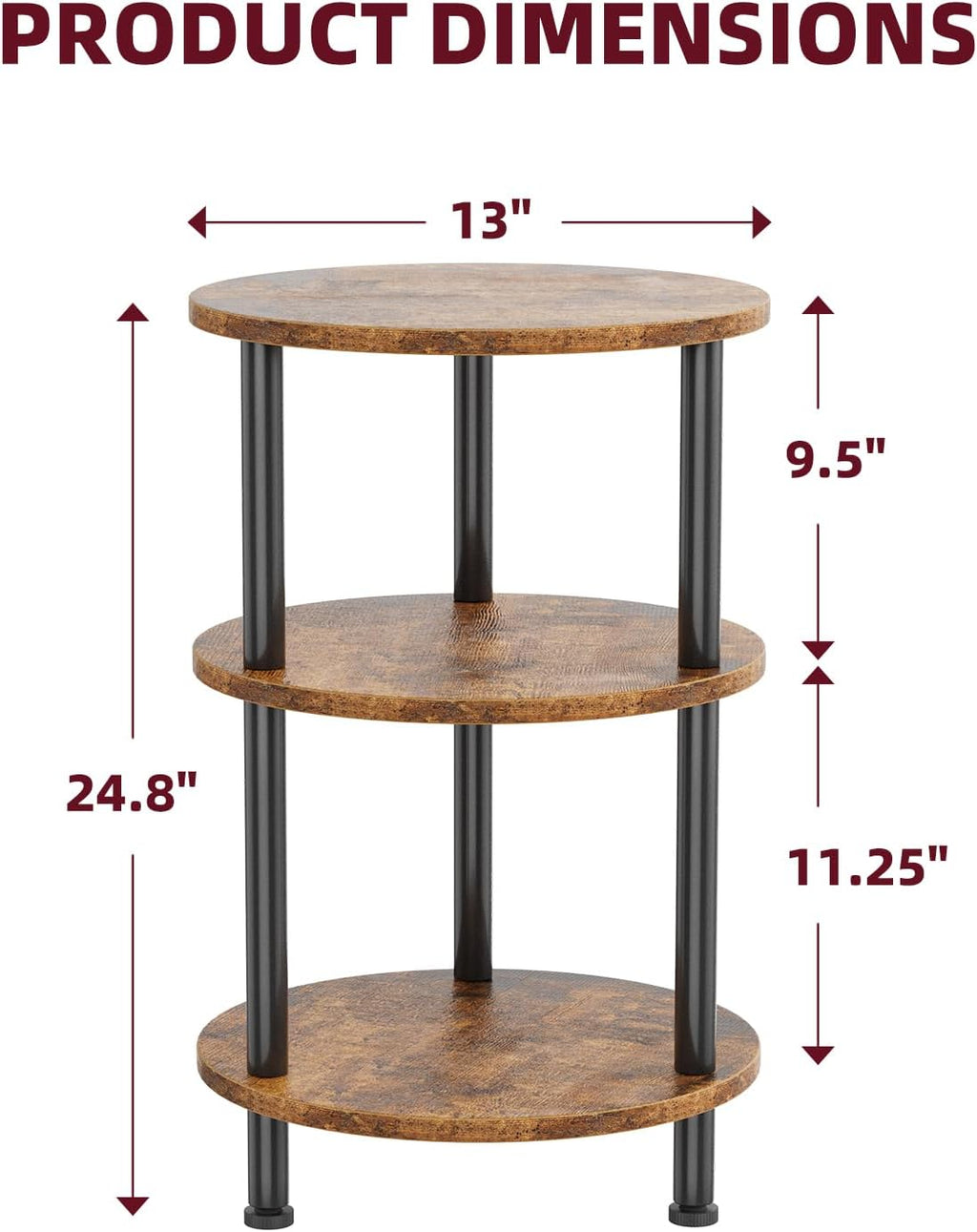 Simple Trending Side Table Living Room, Small Round End Table, 3 Tiers Accent Table for Small Spaces, Rustic Brown