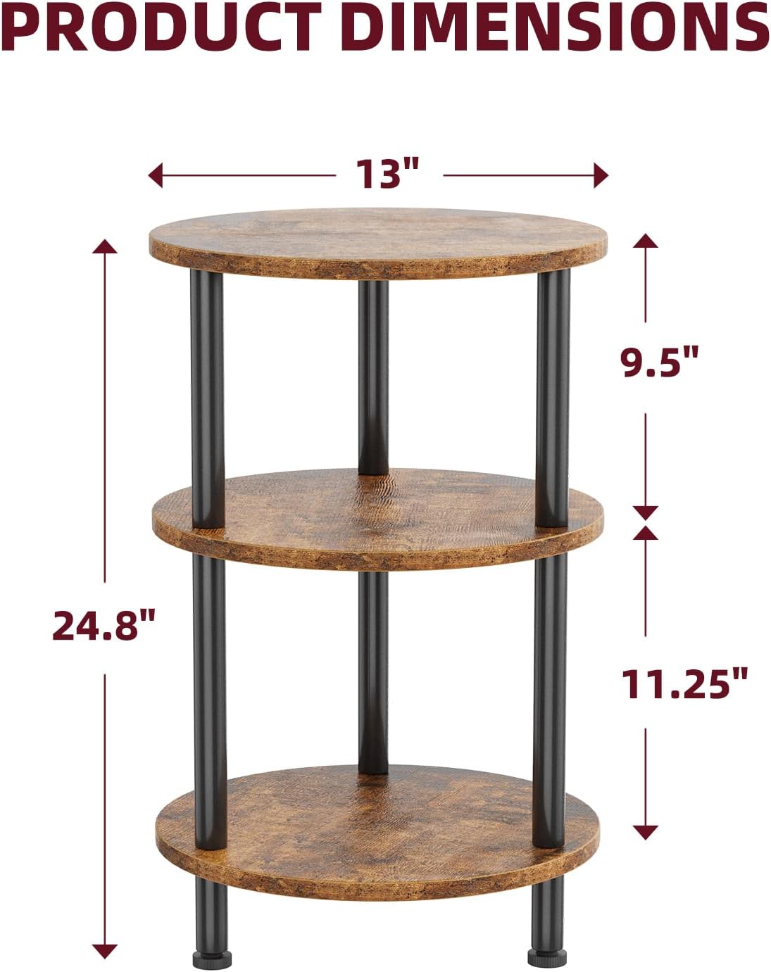 Simple Trending Side Table Living Room, Small Round End Table, 3 Tiers Accent Table for Small Spaces, Rustic Brown