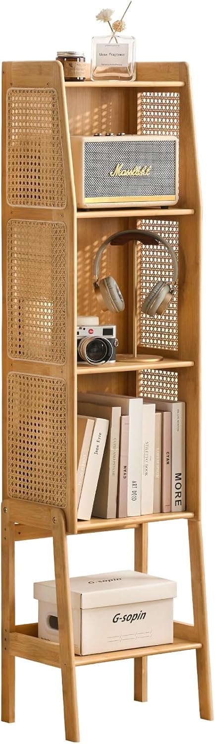 Welnow Bamboo Rattan Bookcase with Cabinet, 3-Tier Storage Shelf with Side Table & End Table Function, Large Modern Wood Organizer for Living Room or Bedroom, Natural Bookshelf