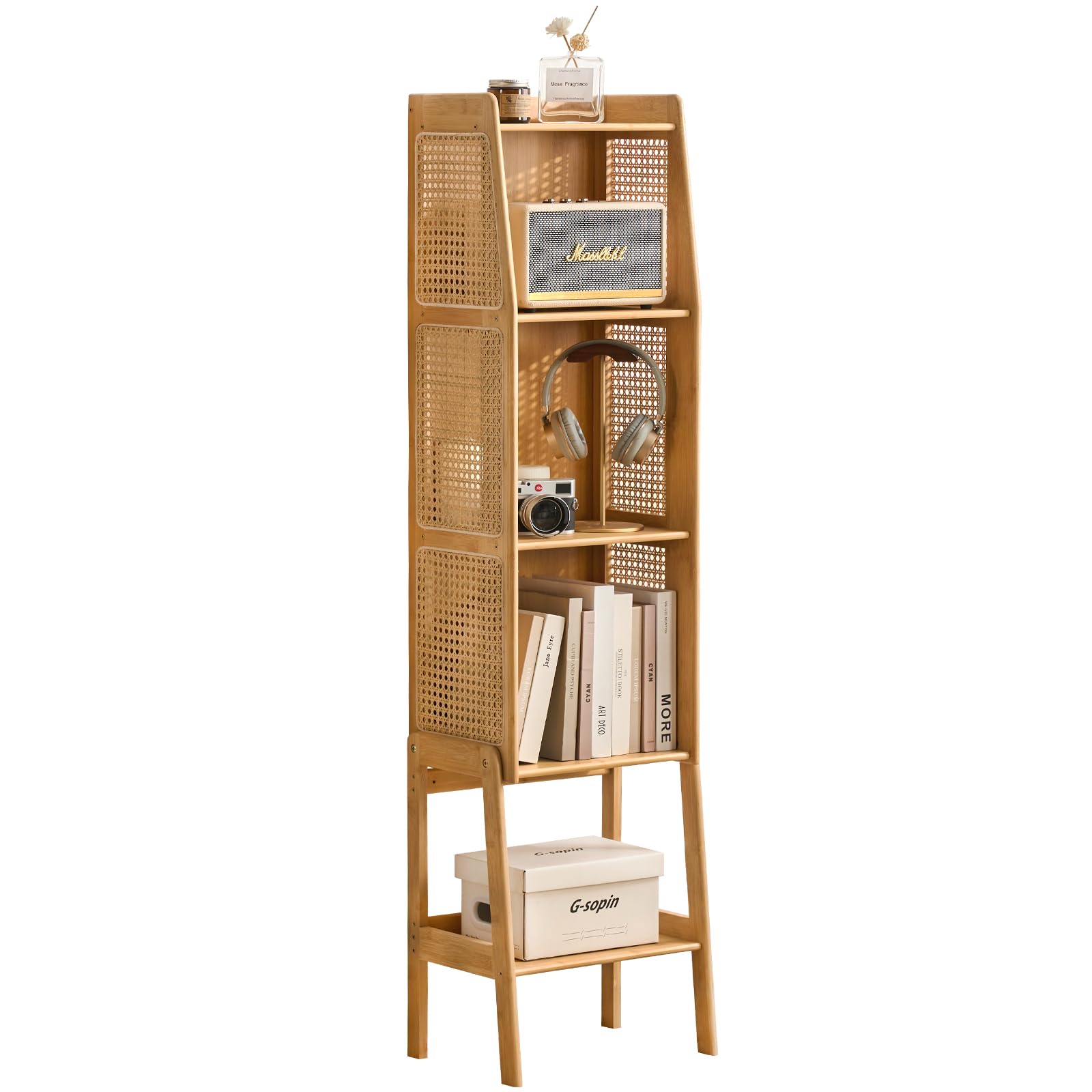 Welnow Bamboo Rattan Bookcase with Cabinet, 3-Tier Storage Shelf with Side Table & End Table Function, Large Modern Wood Organizer for Living Room or Bedroom, Natural Bookshelf