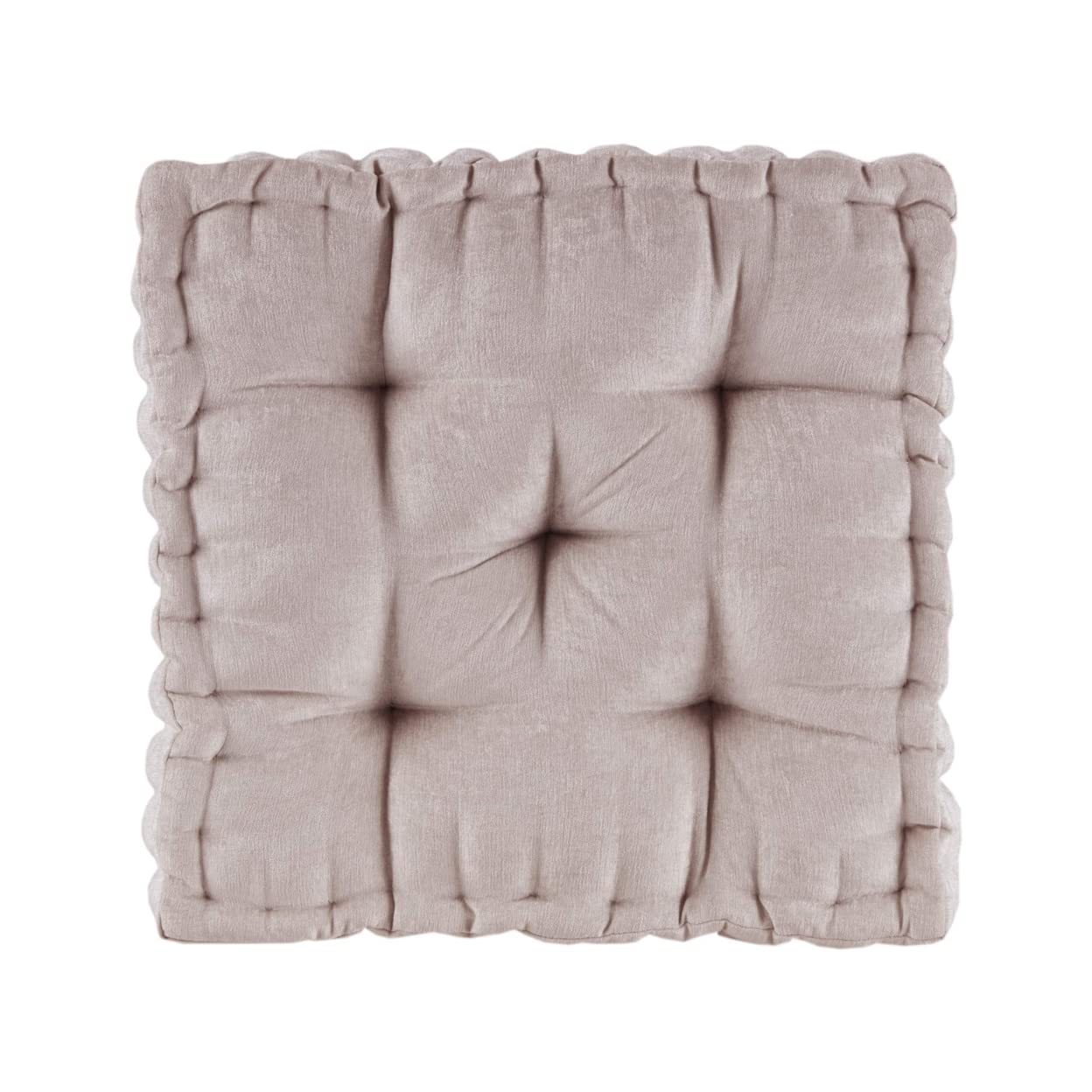 Intelligent Design Large Floor Pillow for Adults Yoga or Meditation Cushion with Handle, Floor Cushion for Board Games, Lustrous Chenille Tufted, Handsewn Scalloped Edge, Azza, 24" x 24" x 5" Ivory