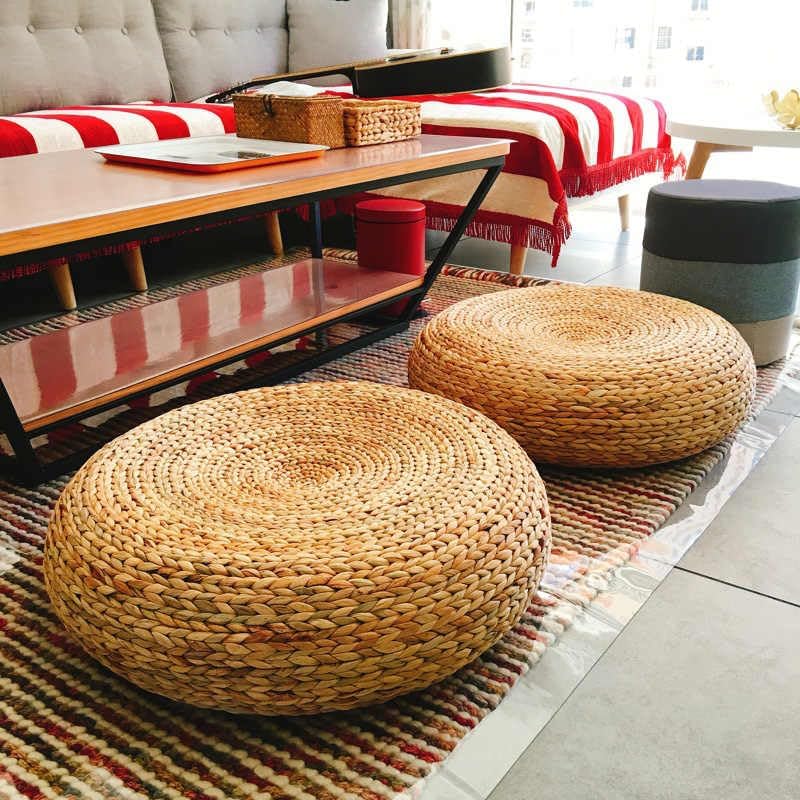 Handcrafted Eco-Friendly Breathable Padded Knitted Straw Seat Cushion Pouf Ottoman Floor Seating Tatami Furniture (A, 40X40X17cm)