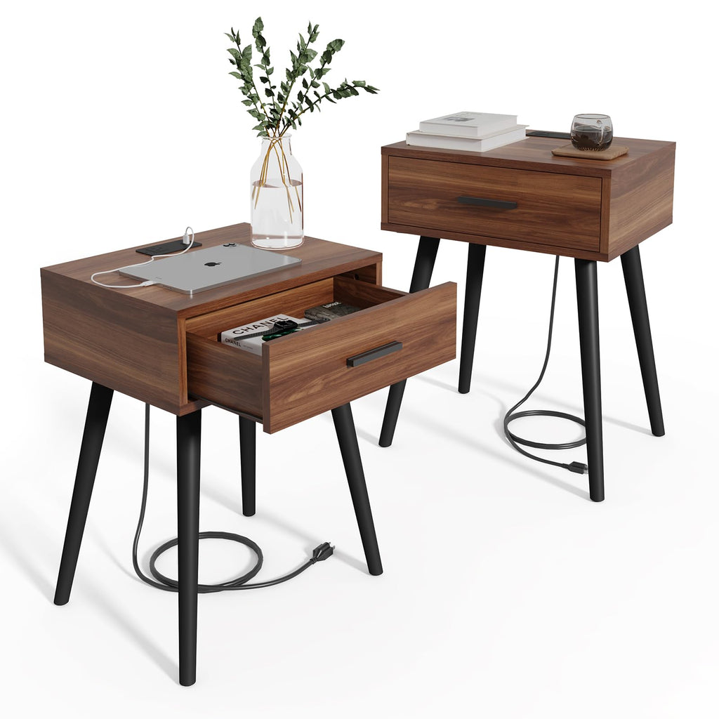 HAIOOU Set of 2 Mid Century Nightstand with Charging Station, End Table Modern Side Table One Drawer with Premium Matte Black Handle and Pine Wood Legs for Home Bedroom Living Room