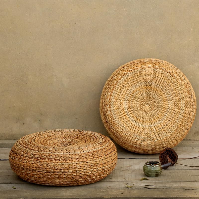 Handcrafted Eco-Friendly Breathable Padded Knitted Straw Seat Cushion Pouf Ottoman Floor Seating Tatami Furniture (A, 40X40X17cm)