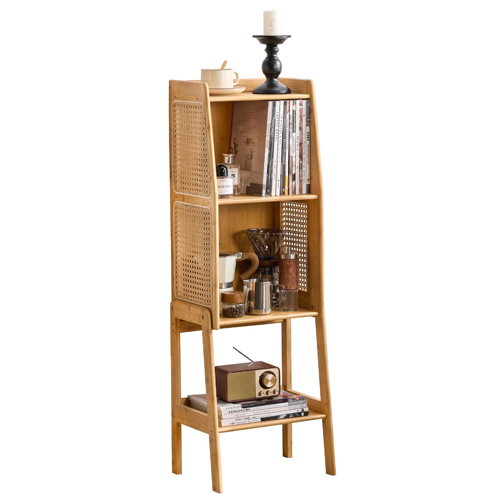 Welnow Bamboo Rattan Bookcase with Cabinet, 3-Tier Storage Shelf with Side Table & End Table Function, Large Modern Wood Organizer for Living Room or Bedroom, Natural Bookshelf