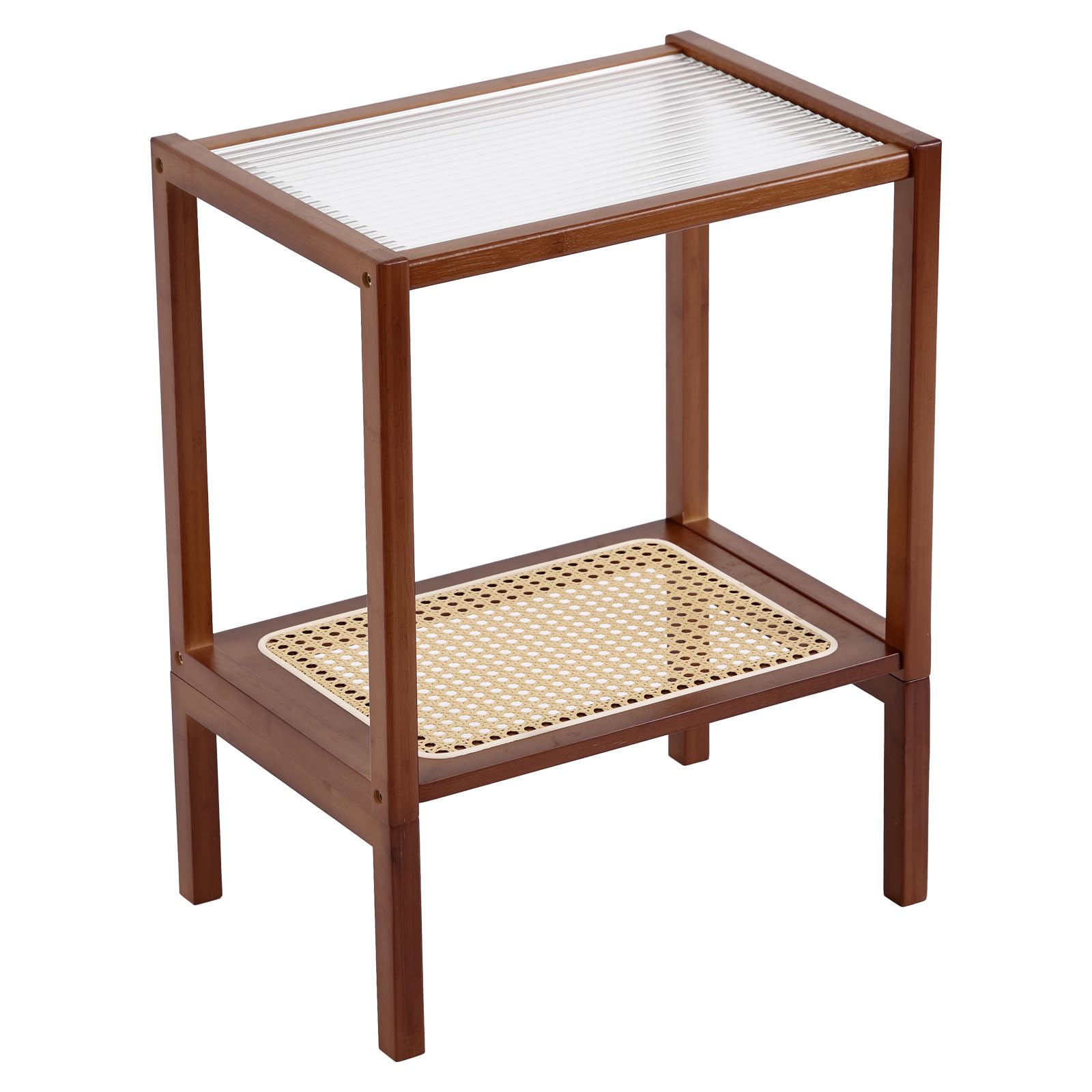 Tiita Rattan Side Table, Mid Century Nightstand, Bamboo Accent Bedside Tables, Glass Coffee Tables, Boho Wooden End Table with Storage for Small Space, Living Room and Bedroom