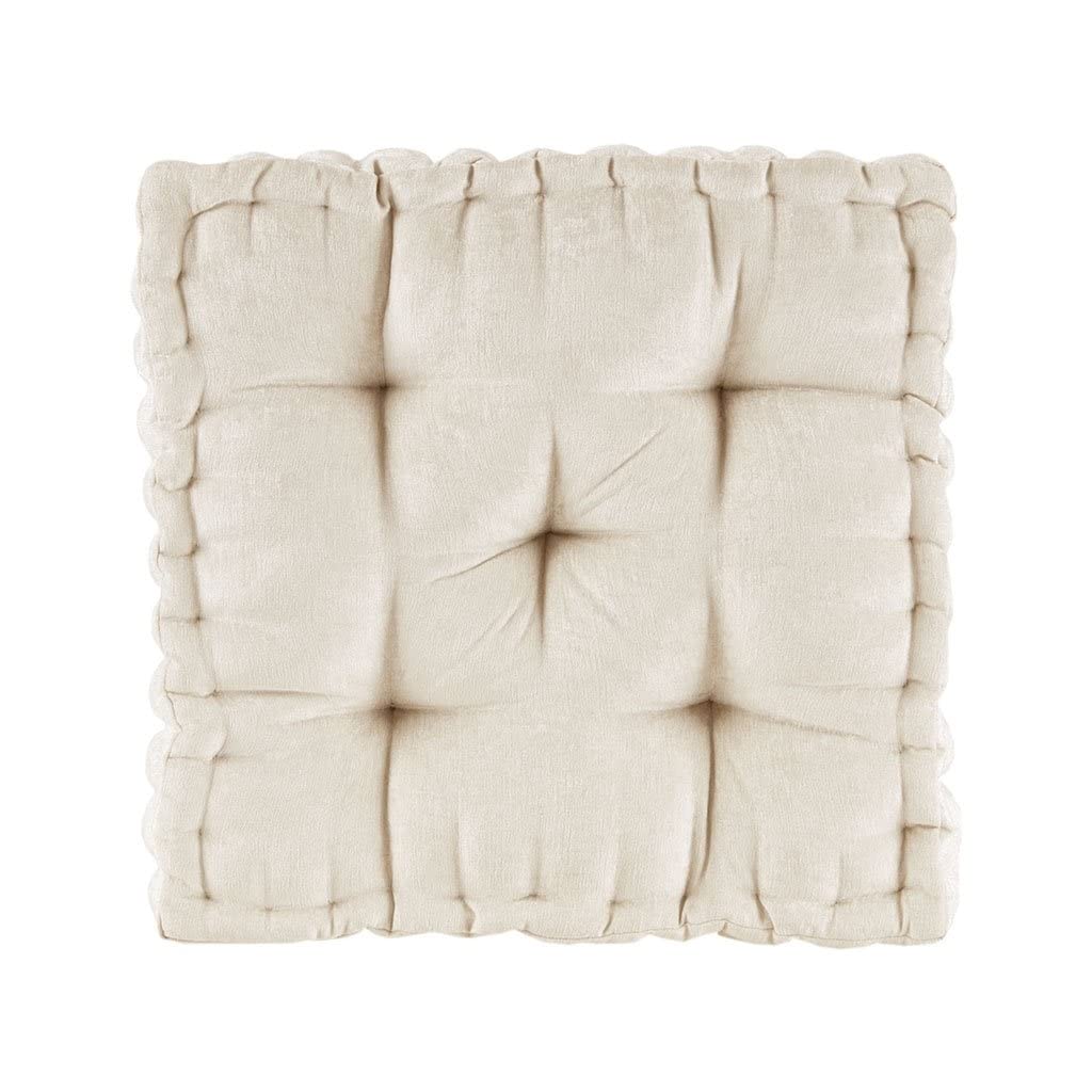 Intelligent Design Large Floor Pillow for Adults Yoga or Meditation Cushion with Handle, Floor Cushion for Board Games, Lustrous Chenille Tufted, Handsewn Scalloped Edge, Azza, 24" x 24" x 5" Ivory