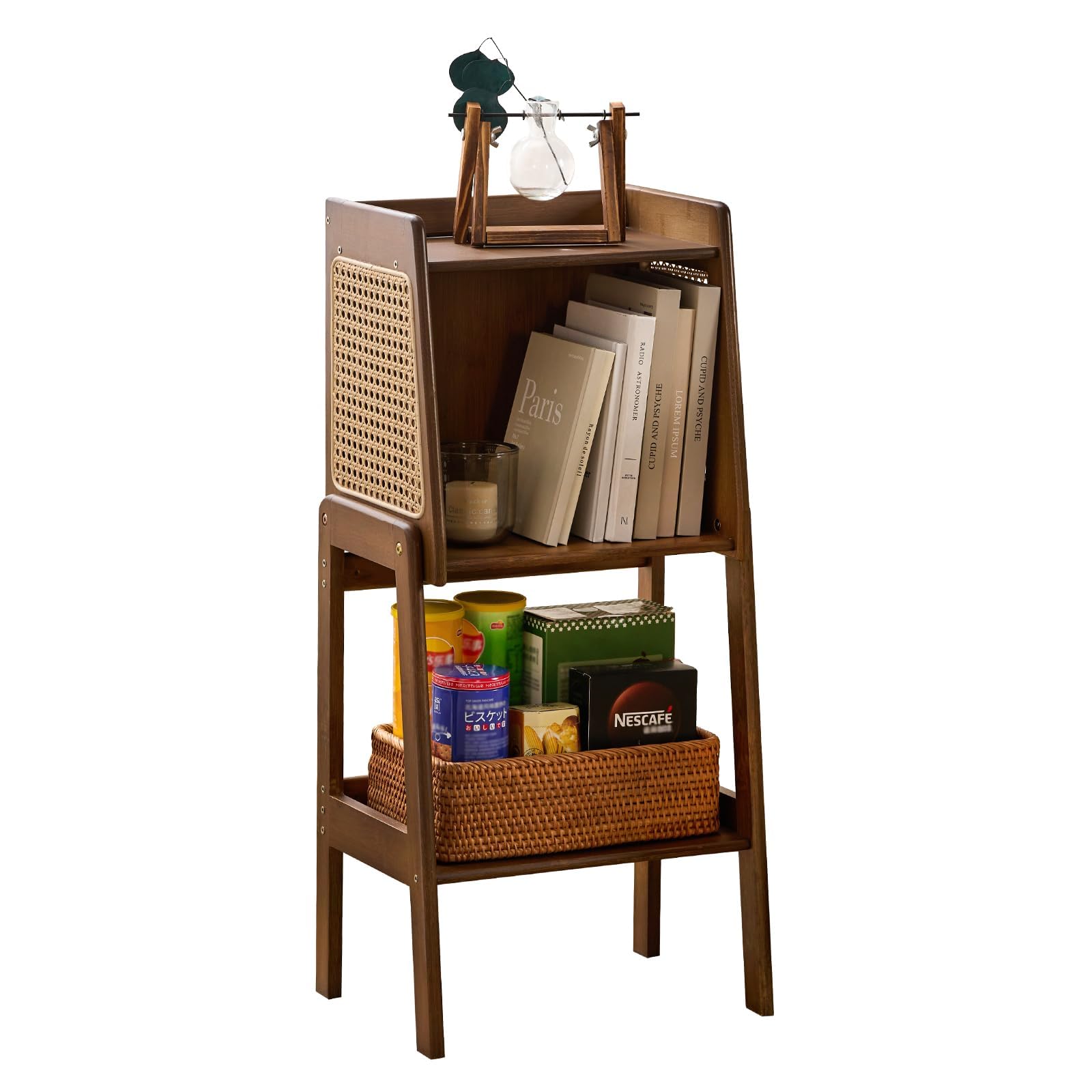Welnow Bamboo Rattan Bookcase with Cabinet, 3-Tier Storage Shelf with Side Table & End Table Function, Large Modern Wood Organizer for Living Room or Bedroom, Natural Bookshelf