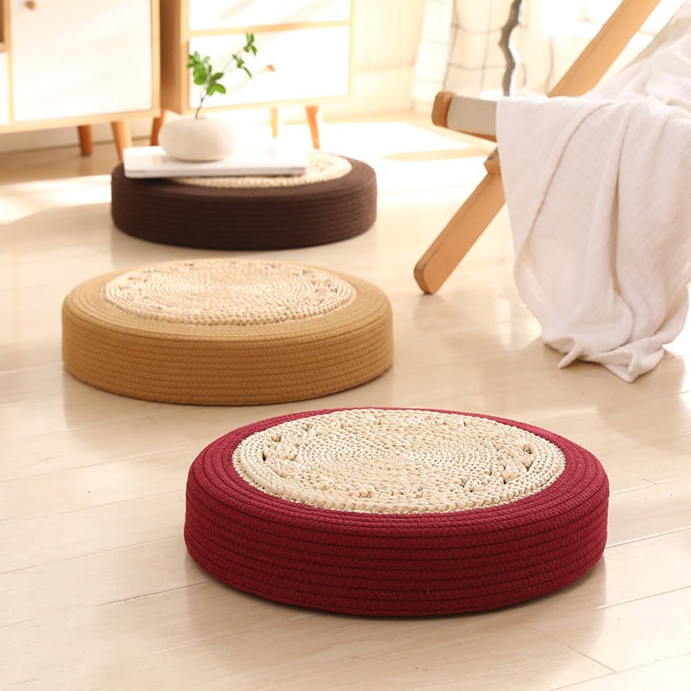Straw Woven Meditation Sitting Pad & Floor Cushion – Round Natural Tatami Mat for Zen Yoga, Boho Home Decor, Ottoman Foot Rest and Kneeling Seat (Red, 19.7in)