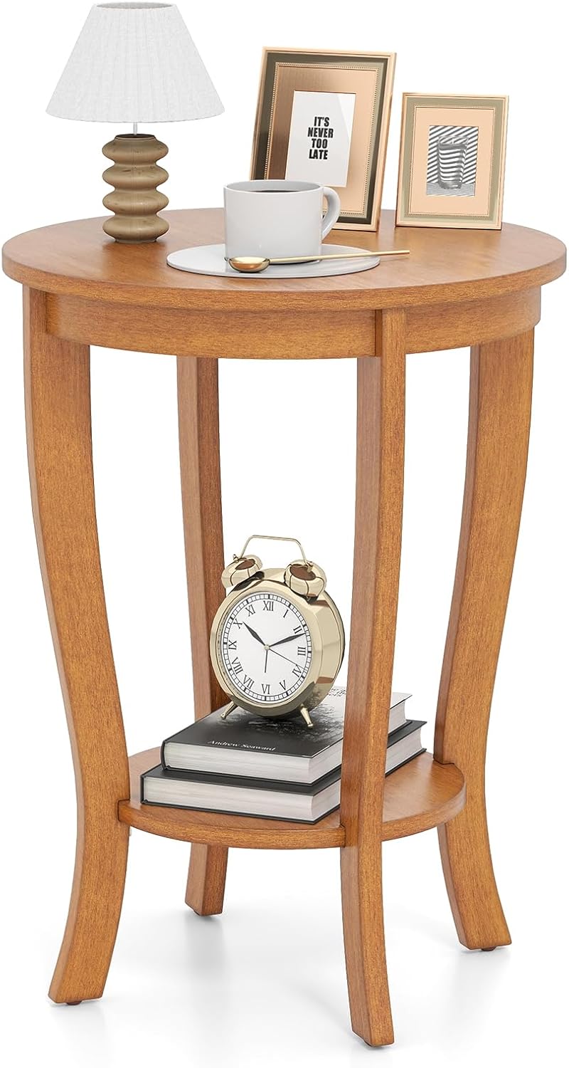 Giantex Round End Table, Retro Nightstand with Storage Shelf & Solid Wood Legs, 24.5" Accent Side Table for Small Spaces, Wood Bedside Night Stand for Living Room Bedroom, Light Brown