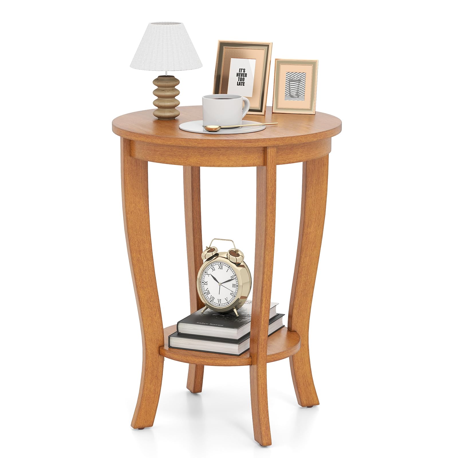 Giantex Round End Table, Retro Nightstand with Storage Shelf & Solid Wood Legs, 24.5" Accent Side Table for Small Spaces, Wood Bedside Night Stand for Living Room Bedroom, Light Brown