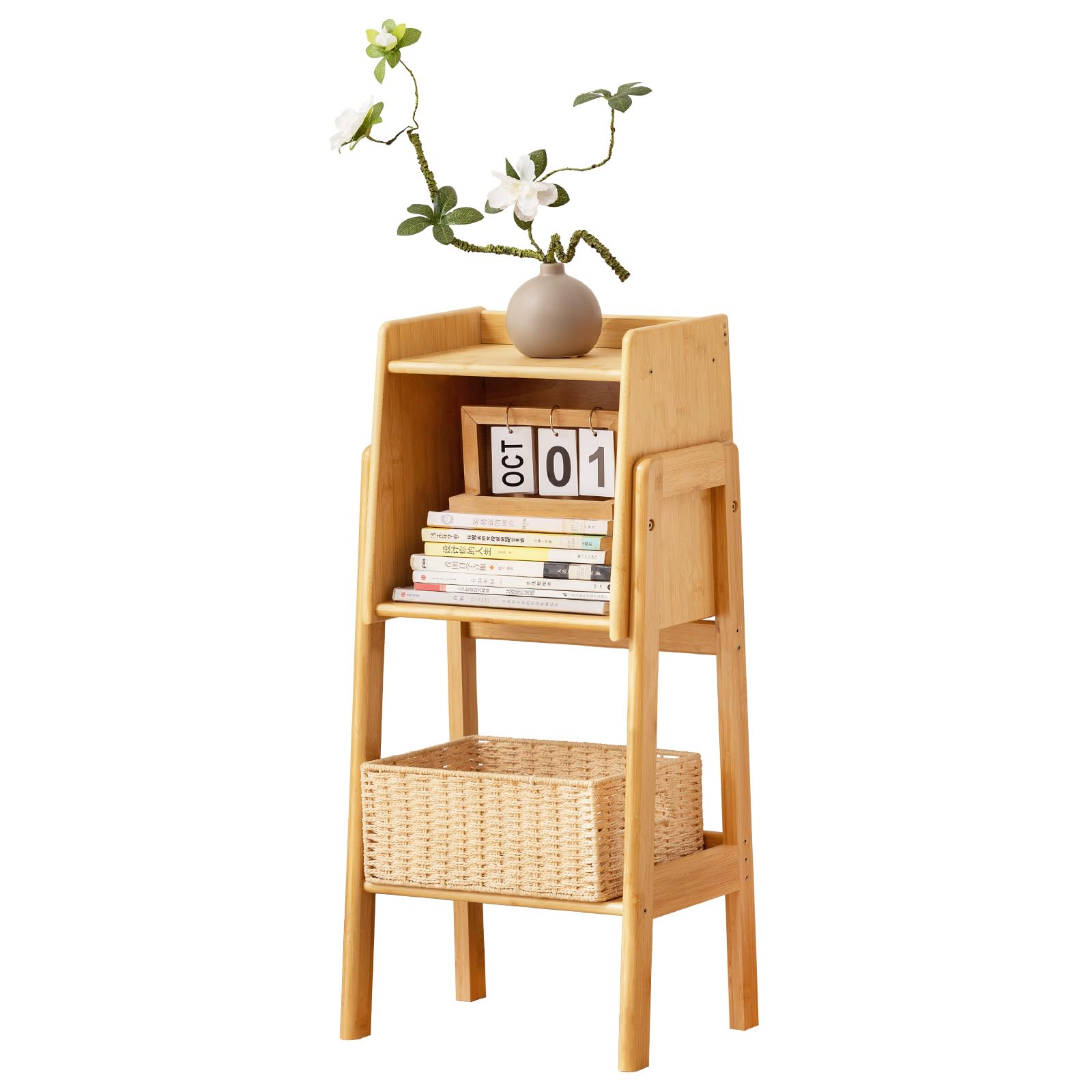 Welnow Bamboo Rattan Bookcase with Cabinet, 3-Tier Storage Shelf with Side Table & End Table Function, Large Modern Wood Organizer for Living Room or Bedroom, Natural Bookshelf
