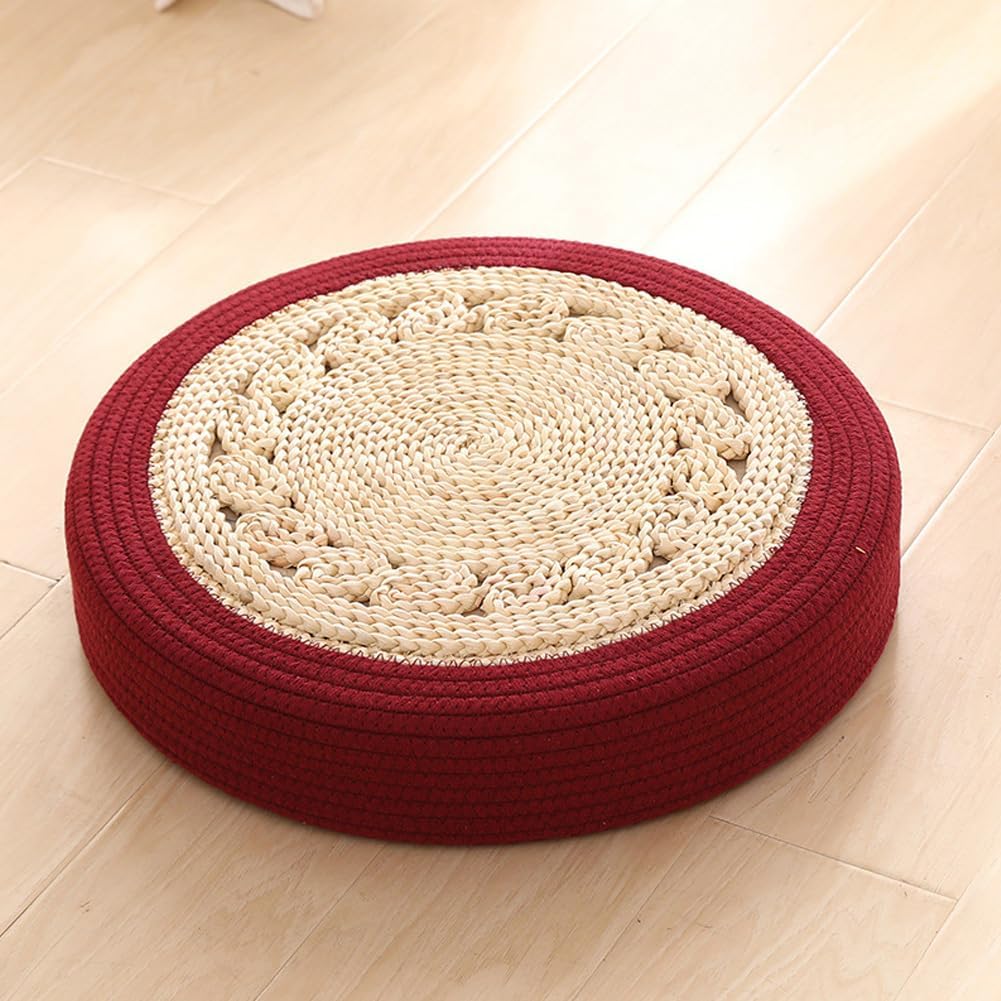 Straw Woven Meditation Sitting Pad & Floor Cushion – Round Natural Tatami Mat for Zen Yoga, Boho Home Decor, Ottoman Foot Rest and Kneeling Seat (Red, 19.7in)