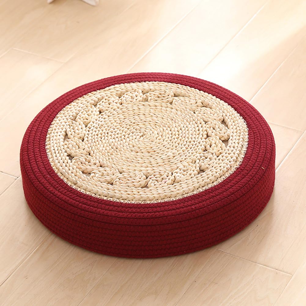 Straw Woven Meditation Sitting Pad & Floor Cushion – Round Natural Tatami Mat for Zen Yoga, Boho Home Decor, Ottoman Foot Rest and Kneeling Seat (Red, 19.7in)