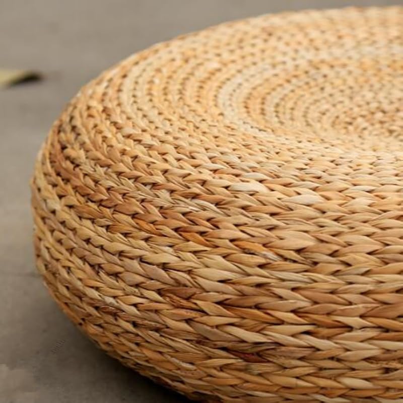 Handcrafted Eco-Friendly Breathable Padded Knitted Straw Seat Cushion Pouf Ottoman Floor Seating Tatami Furniture (A, 40X40X17cm)