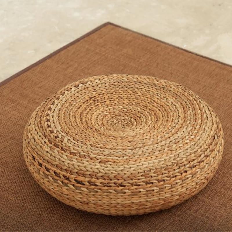 Handcrafted Eco-Friendly Breathable Padded Knitted Straw Seat Cushion Pouf Ottoman Floor Seating Tatami Furniture (A, 40X40X17cm)