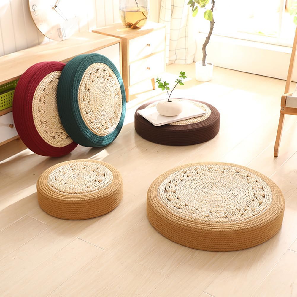 Straw Woven Meditation Sitting Pad & Floor Cushion – Round Natural Tatami Mat for Zen Yoga, Boho Home Decor, Ottoman Foot Rest and Kneeling Seat (Red, 19.7in)