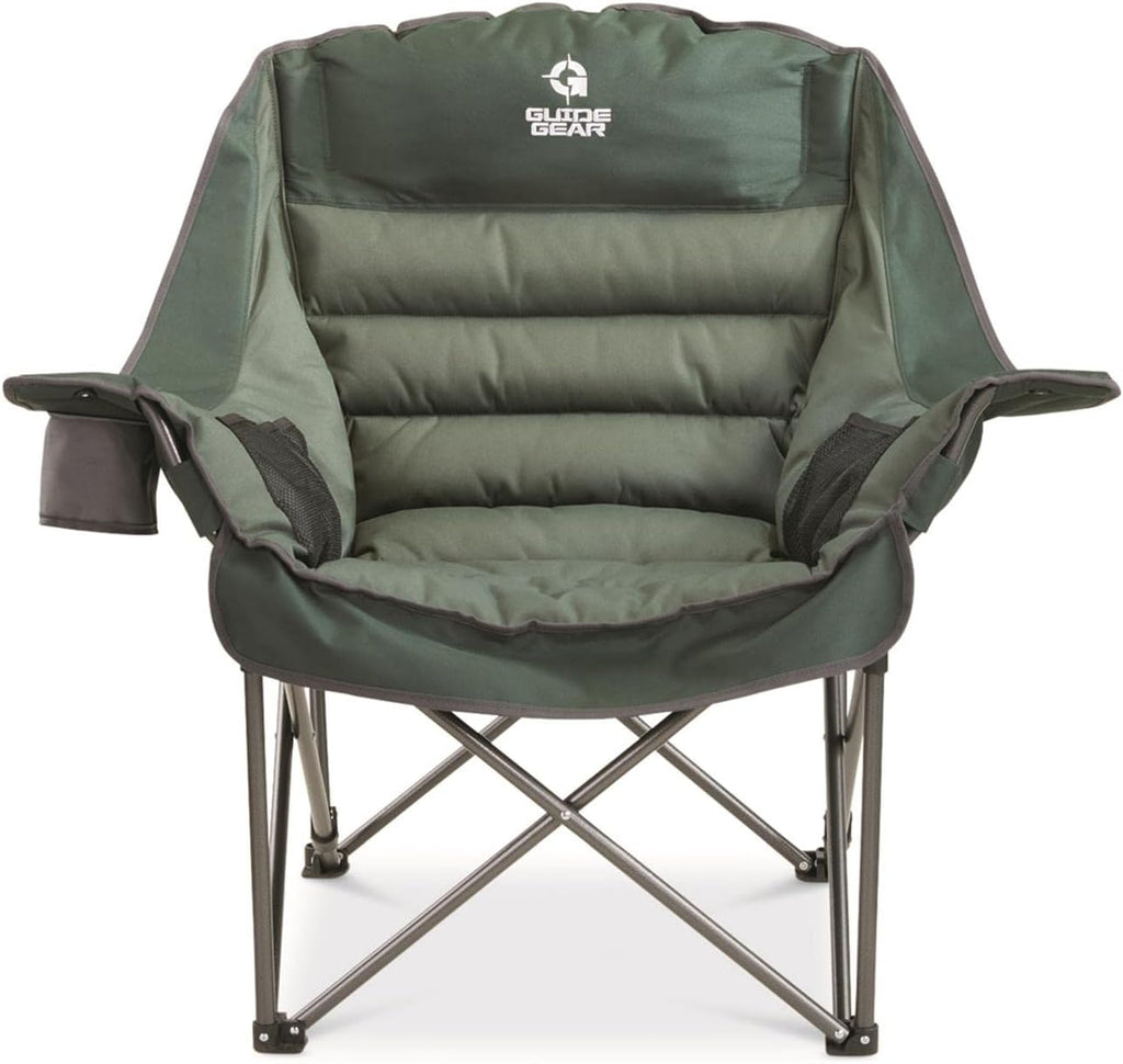 Guide Gear Oversized Extra Large Padded Camping Chair, Portable, Folding, Large Camp Lounge Beach Chairs for Outdoor, Adults, Men and Women, Heavy-Duty 400 Pound Capacity, with Cup Holder Green