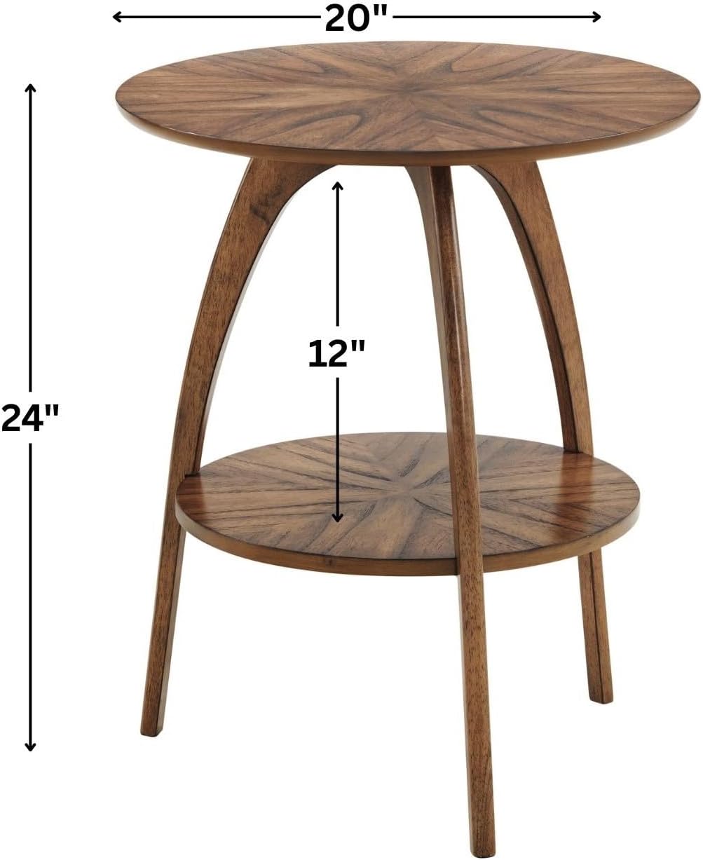 Mid-Century Modern Round Wood End Table with Shelf, Nutmeg Brown