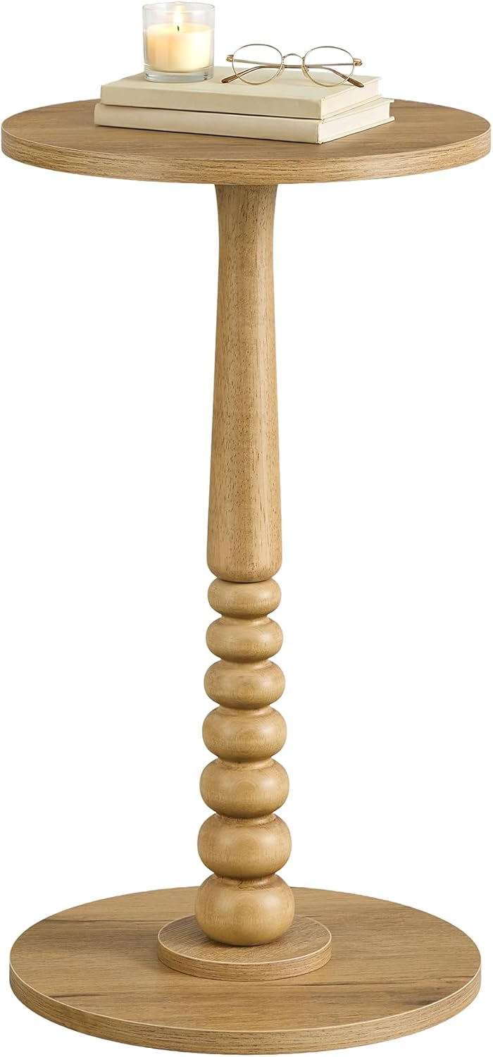 VASAGLE MARIEL Collection - Round Side Table, Small Drink End Table for Small Spaces, Accent Nightstand, Solid Wood Leg, Mid-Century Modern, for Living Room Bedroom, Natural Brown ULET293HC01S