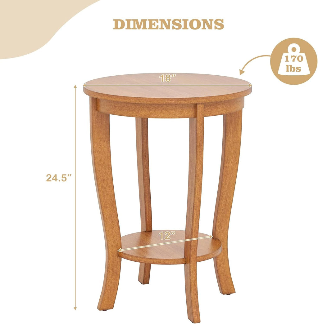 Giantex Round End Table, Retro Nightstand with Storage Shelf & Solid Wood Legs, 24.5" Accent Side Table for Small Spaces, Wood Bedside Night Stand for Living Room Bedroom, Light Brown