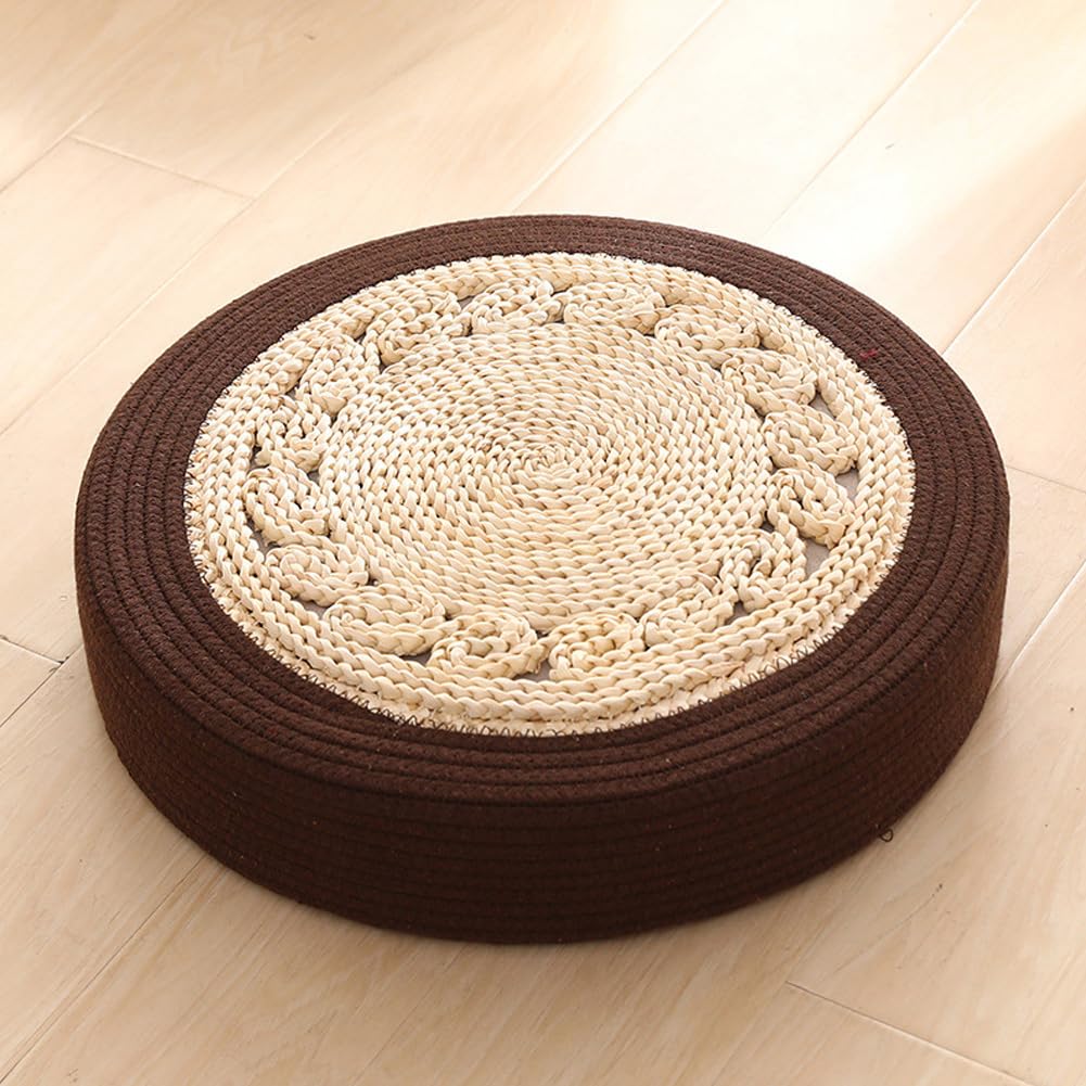 Straw Woven Meditation Sitting Pad & Floor Cushion – Round Natural Tatami Mat for Zen Yoga, Boho Home Decor, Ottoman Foot Rest and Kneeling Seat (Red, 19.7in)