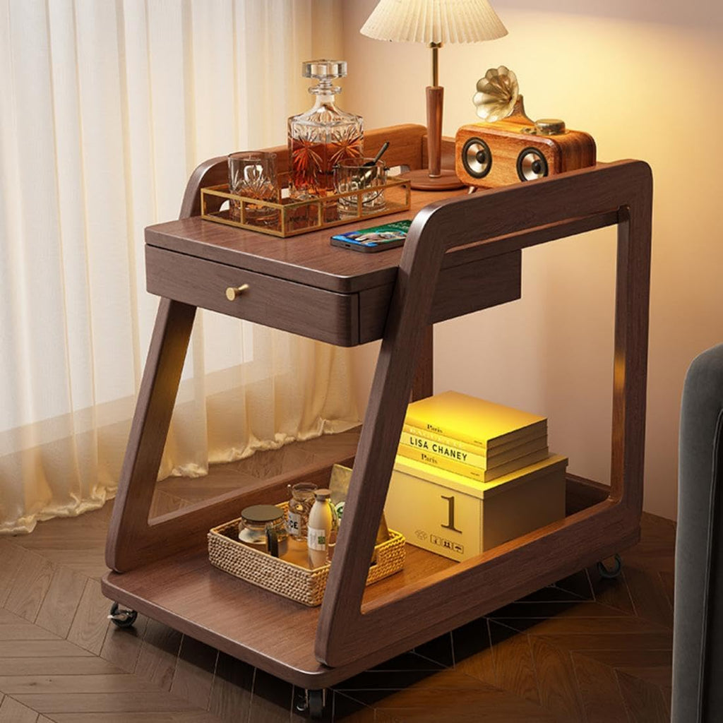 Wood End Table with Wheels, 2 Tiers Side Table with Drawer Mobile Couch Table with Open Storage Floor Bedside Table with Large Capacity Walnut for Living Room