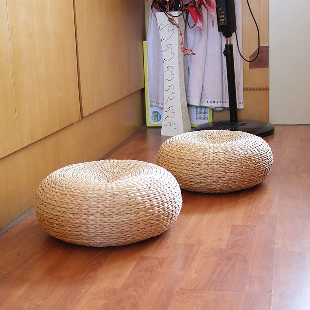 HC&WT Breathable Floor Pillow Cushion, Tatami Handcrafted Eco-Friendly Chair Pad Knitted Straw Woven Steel Frame Round Seat Cushion-a 40x40x16cm(16x16x6inch)