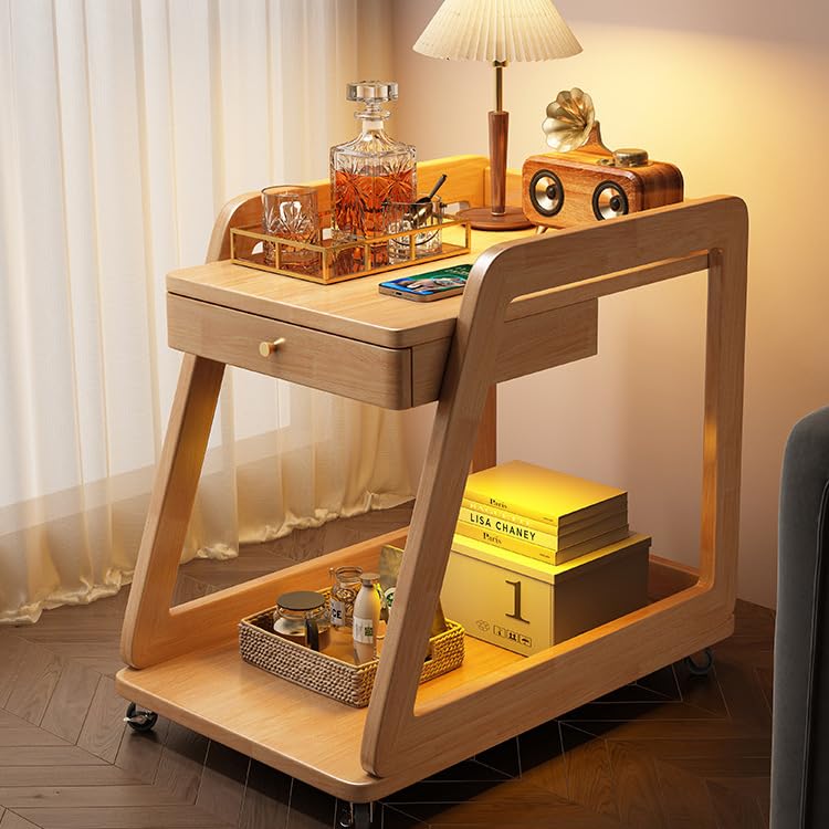 Wood End Table with Wheels, 2 Tiers Side Table with Drawer Mobile Couch Table with Open Storage Floor Bedside Table with Large Capacity Walnut for Living Room