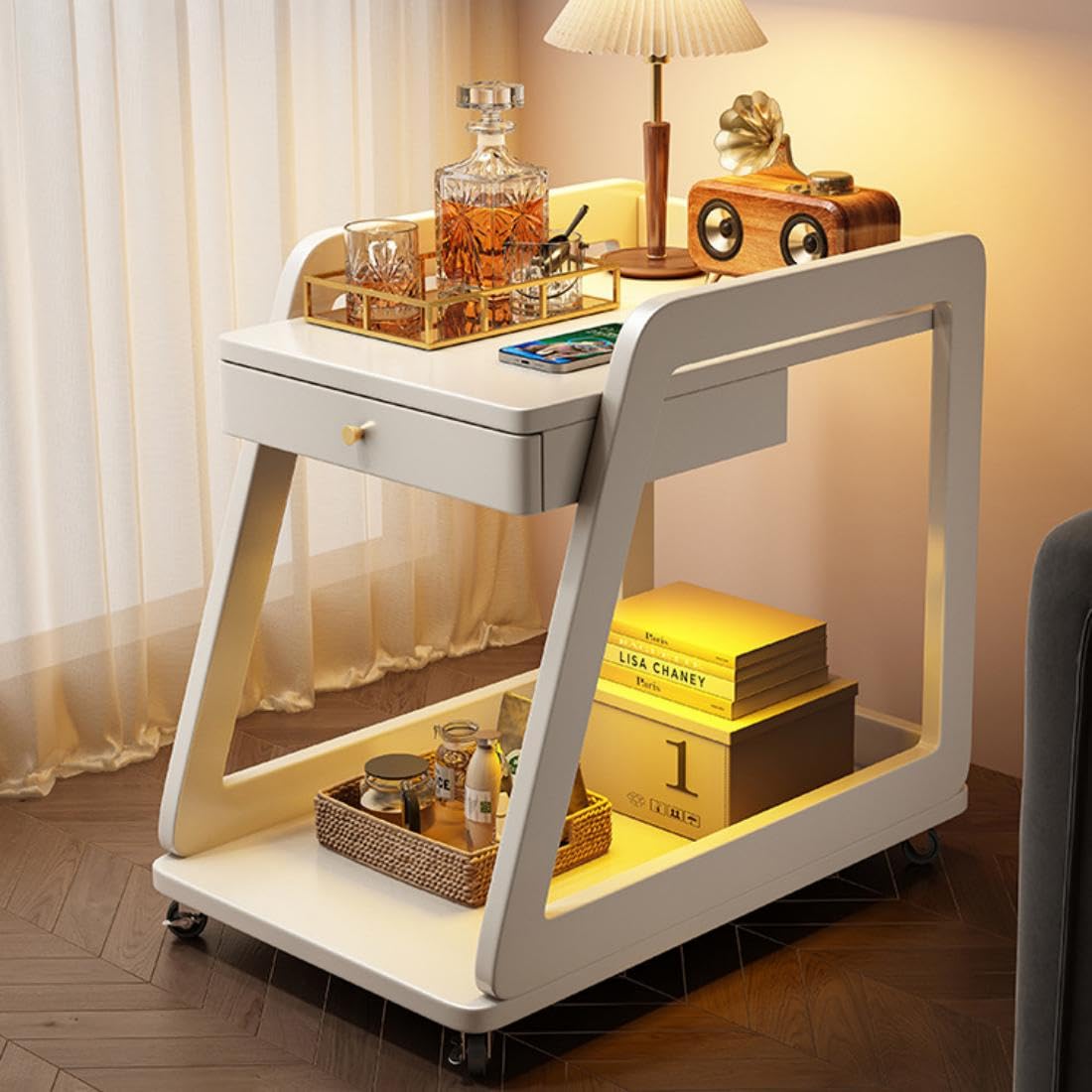 Wood End Table with Wheels, 2 Tiers Side Table with Drawer Mobile Couch Table with Open Storage Floor Bedside Table with Large Capacity Walnut for Living Room