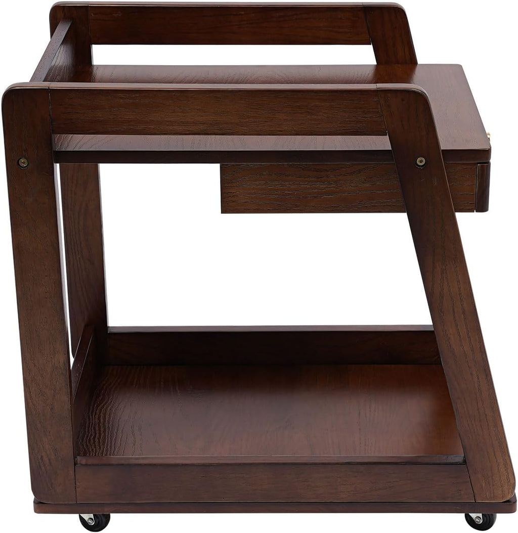Wood End Table with Wheels, 2 Tiers Side Table with Drawer Mobile Couch Table with Open Storage Floor Bedside Table with Large Capacity Walnut for Living Room