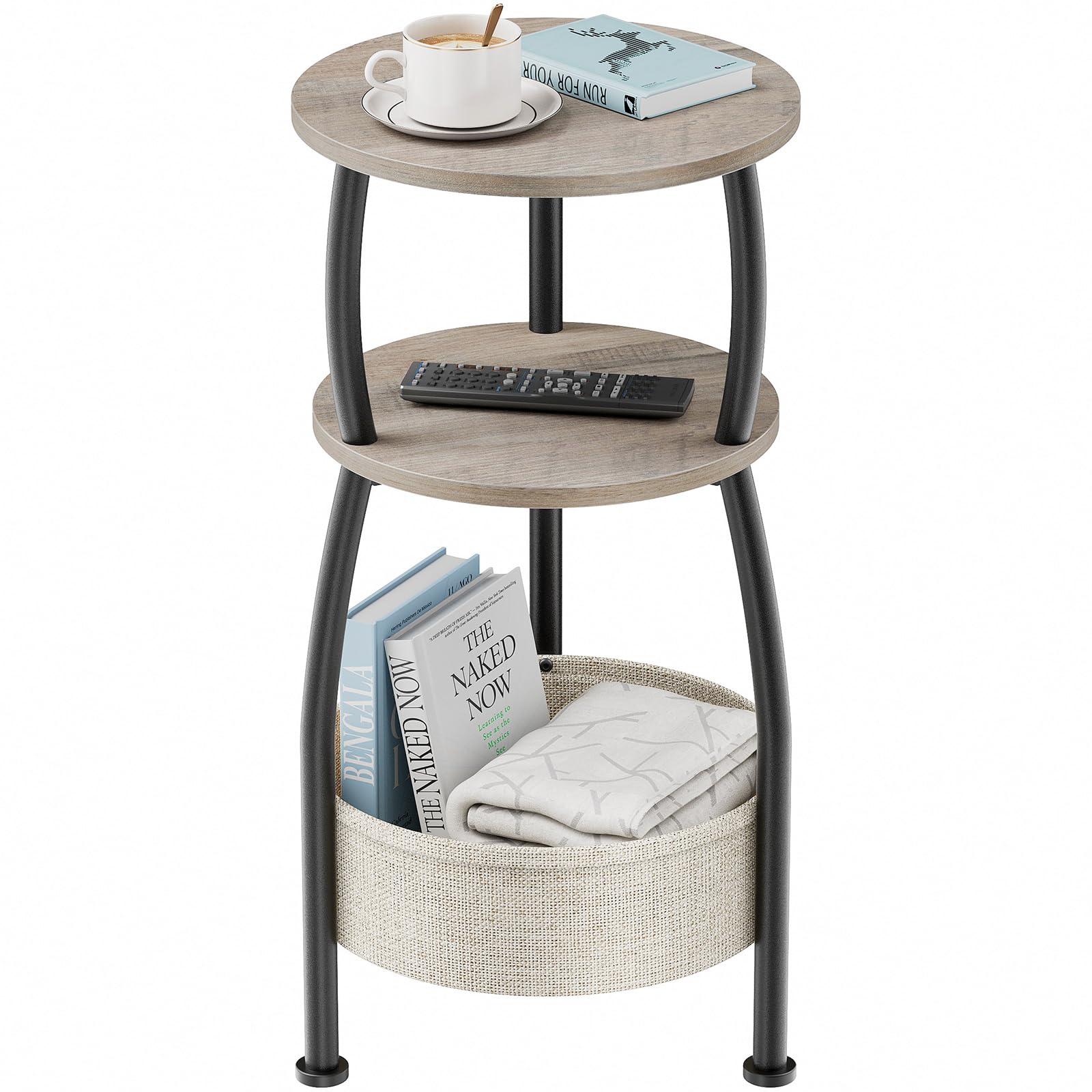 Round Side Table for Small Spaces with Storage Basket –Small End Table 3-Tier Night Stand Sofa Corner Table for Living Room, Bedroom, Patio and More 24in Tall Rustic Brown