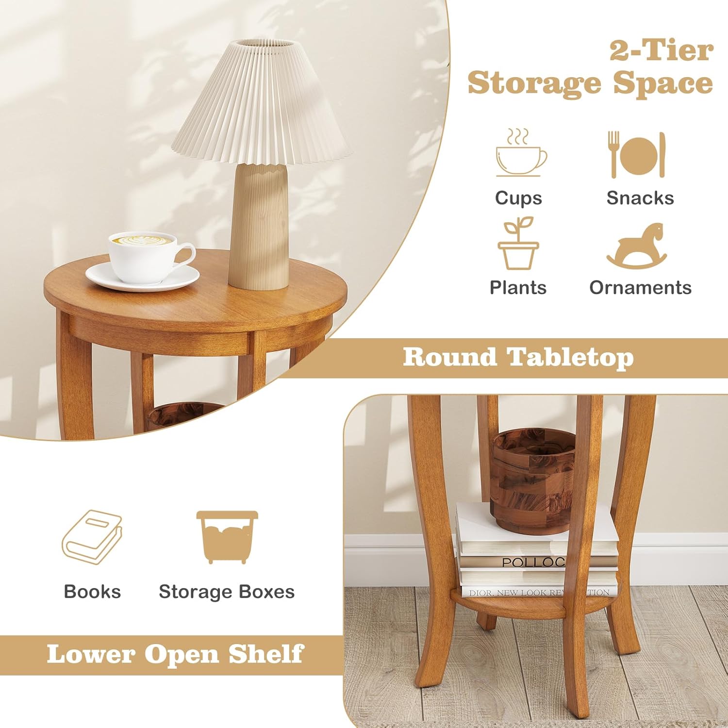 Giantex Round End Table, Retro Nightstand with Storage Shelf & Solid Wood Legs, 24.5" Accent Side Table for Small Spaces, Wood Bedside Night Stand for Living Room Bedroom, Light Brown