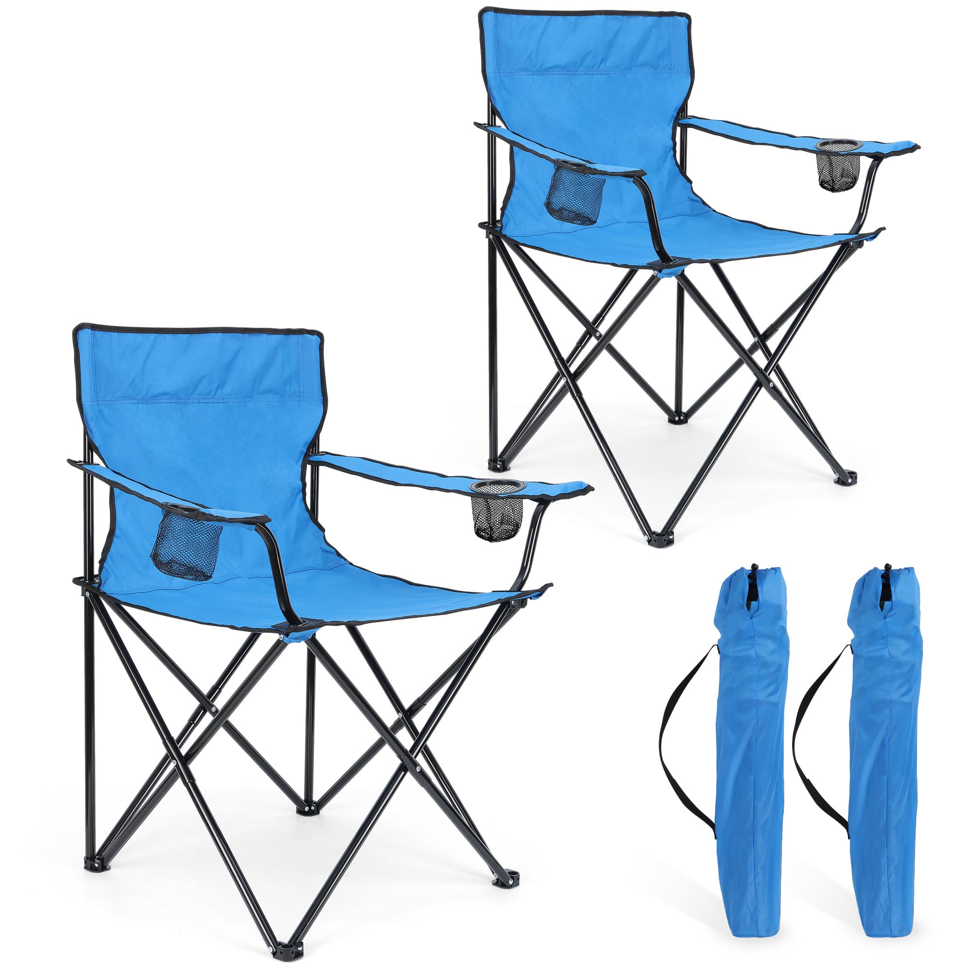 HaSteeL Folding Camping Chair Set of 3, Foldable Black Camp Chairs & Grey Table, Large Lawn Chair Portable for Adults Hiking, Fishing, Picnic, Outdoor BBQ, Travel, Sports, Cup Holders & Storage Bags