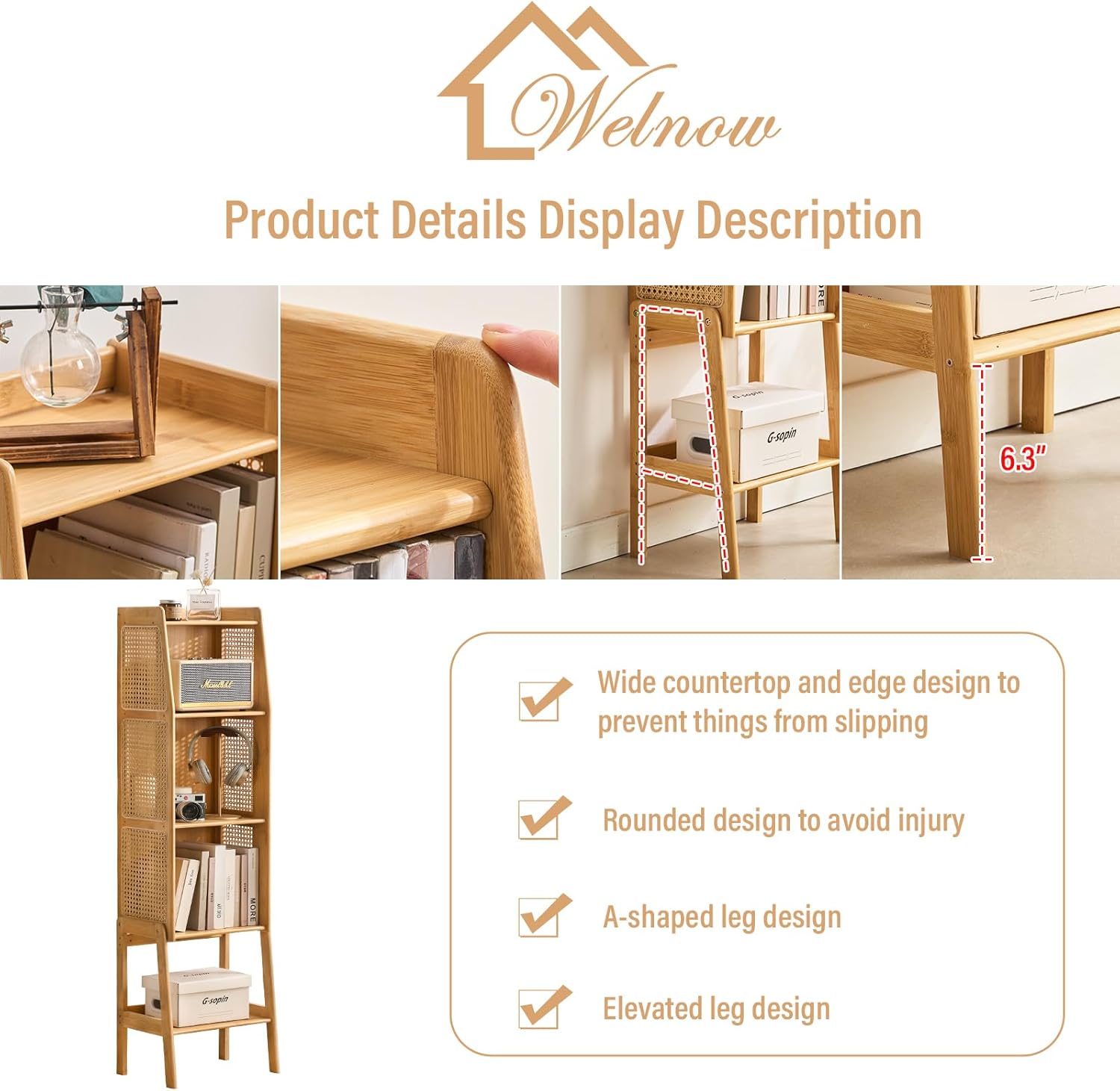 Welnow Bamboo Rattan Bookcase with Cabinet, 3-Tier Storage Shelf with Side Table & End Table Function, Large Modern Wood Organizer for Living Room or Bedroom, Natural Bookshelf