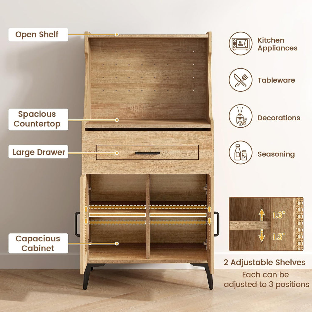 LOKO 45.5” Kitchen Pantry Cabinet, Coffee Bar Cabinet with DIY Pegboard, Rattan Buffet Sideboard with Storage Drawer & Adjustable Shelf, Mid Century Modern Hutch Cabinet for Living Room, Oak (1)