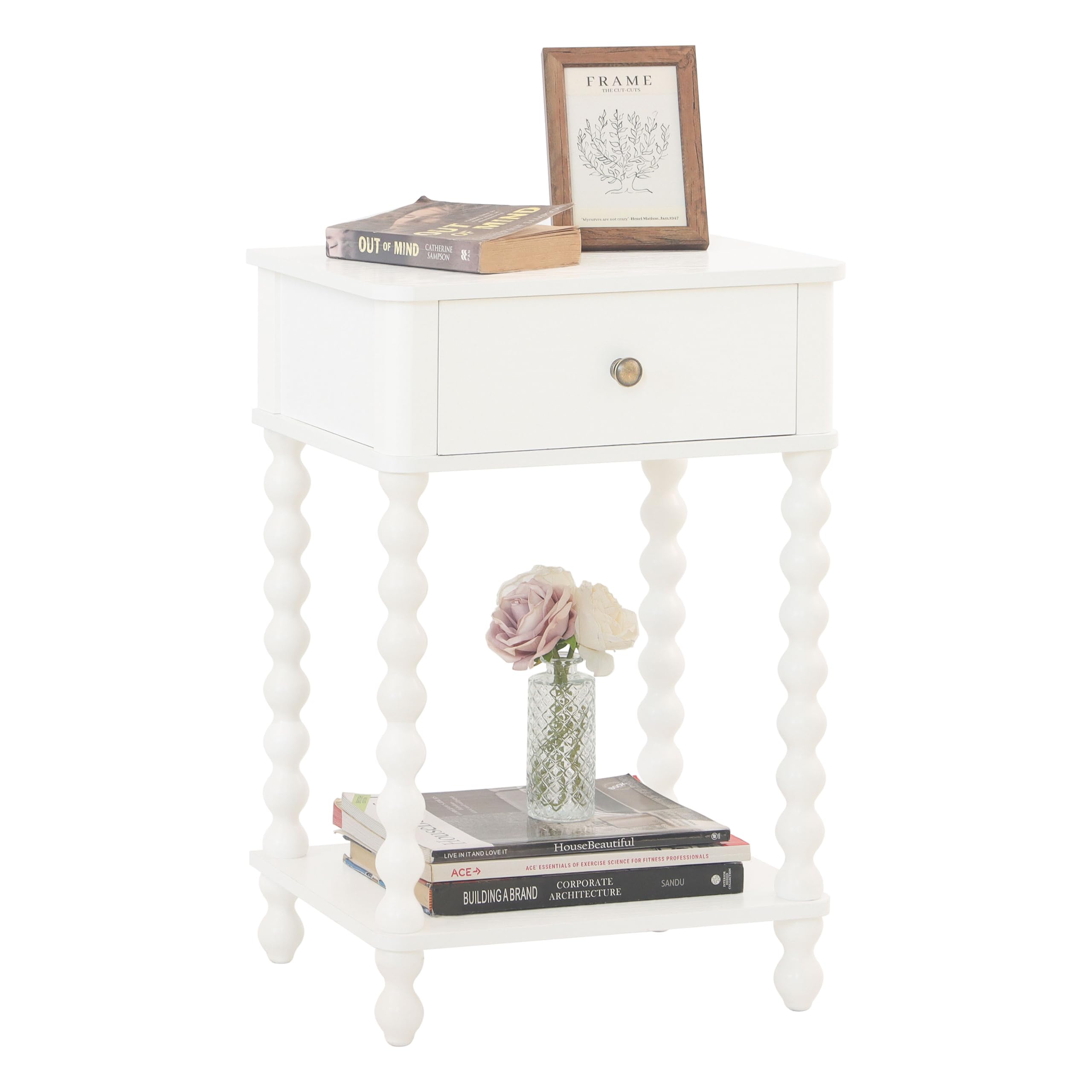 AWASEN Night Stand, Wood End Table with Drawer for Living Room, Small Bedside Side Table with Spindle Wood Legs for Bedroom, Office, Rustic Walnut
