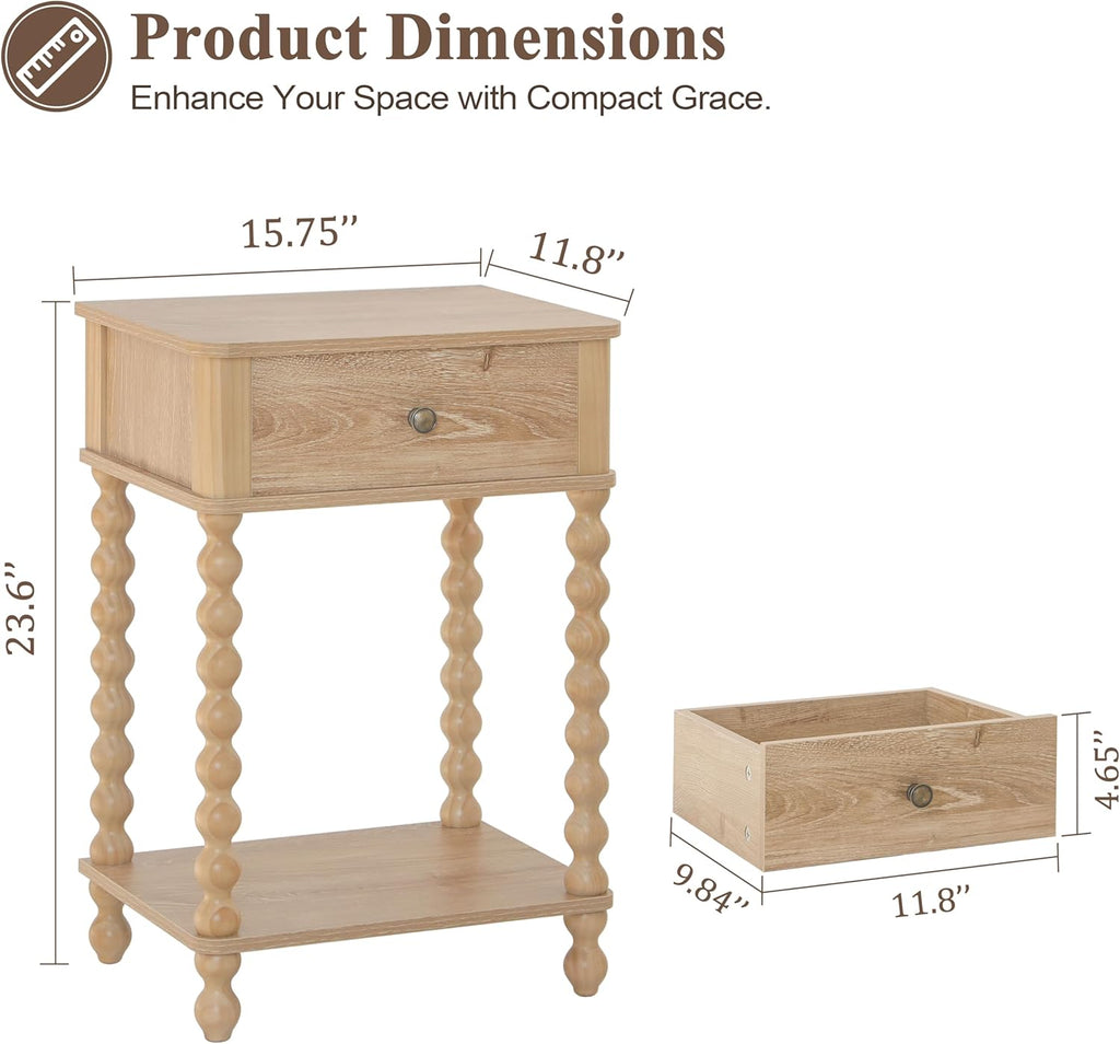 AWASEN Night Stand, Wood End Table with Drawer for Living Room, Small Bedside Side Table with Spindle Wood Legs for Bedroom, Office, Rustic Walnut