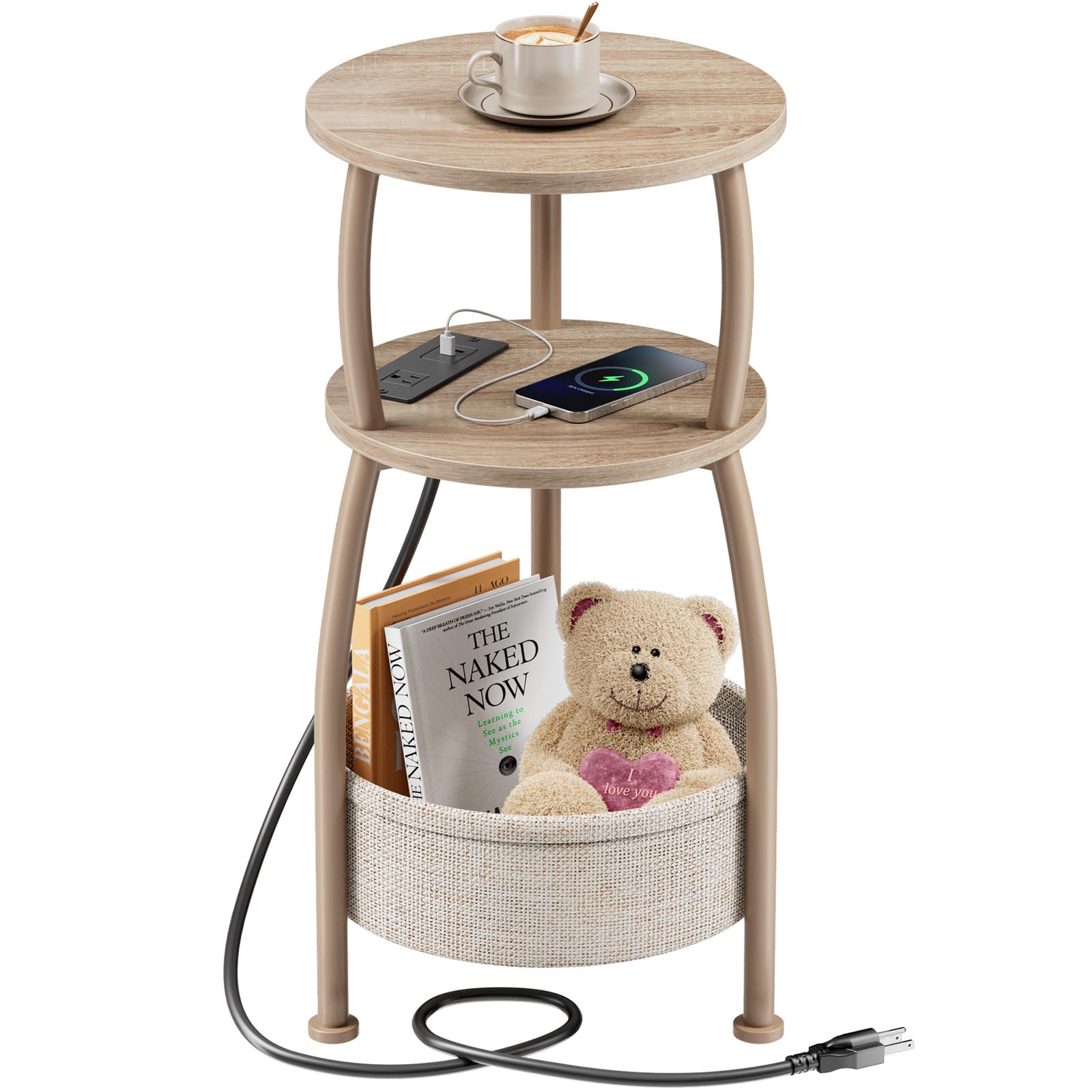 Round Side Table for Small Spaces with Storage Basket –Small End Table 3-Tier Night Stand Sofa Corner Table for Living Room, Bedroom, Patio and More 24in Tall Rustic Brown