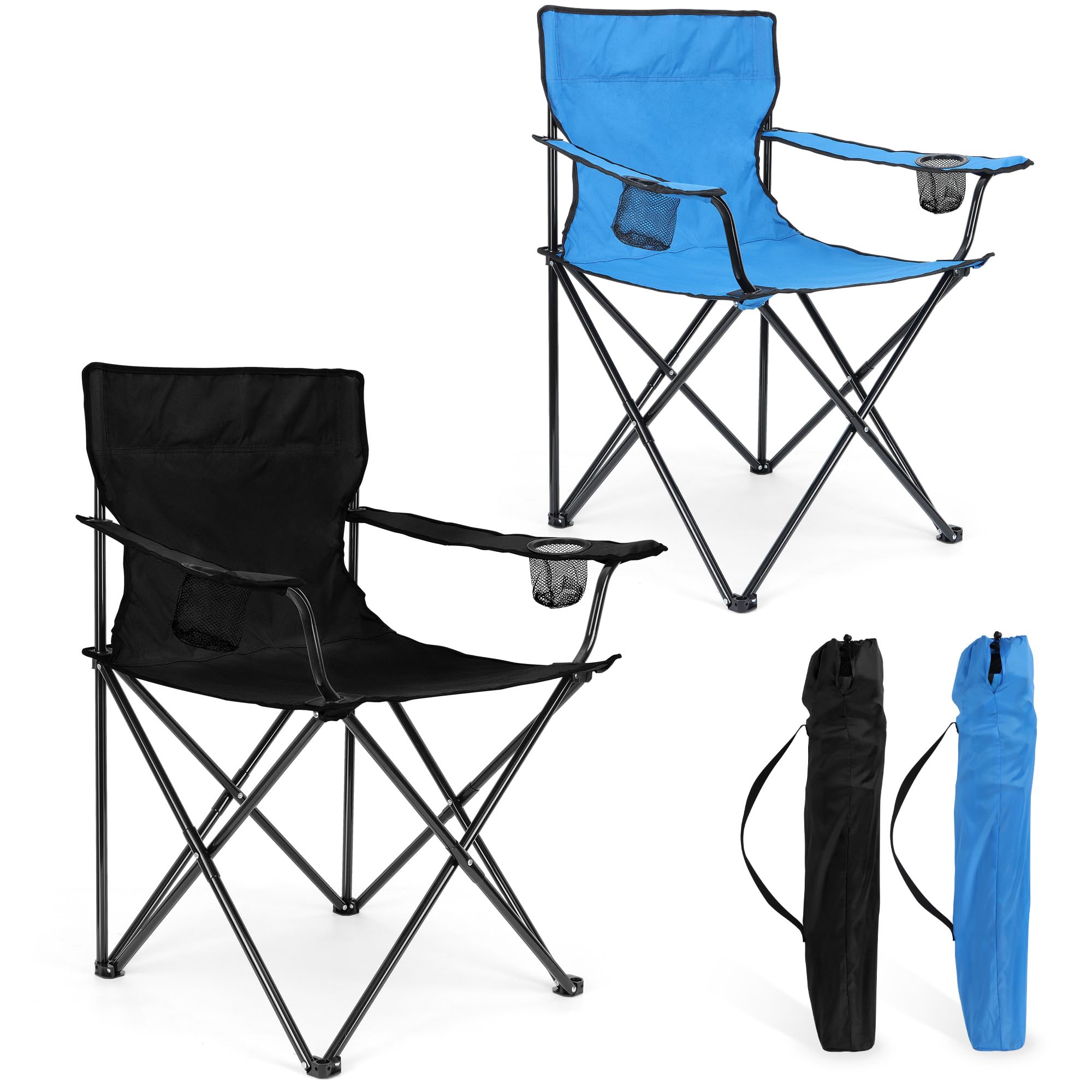 HaSteeL Folding Camping Chair Set of 3, Foldable Black Camp Chairs & Grey Table, Large Lawn Chair Portable for Adults Hiking, Fishing, Picnic, Outdoor BBQ, Travel, Sports, Cup Holders & Storage Bags