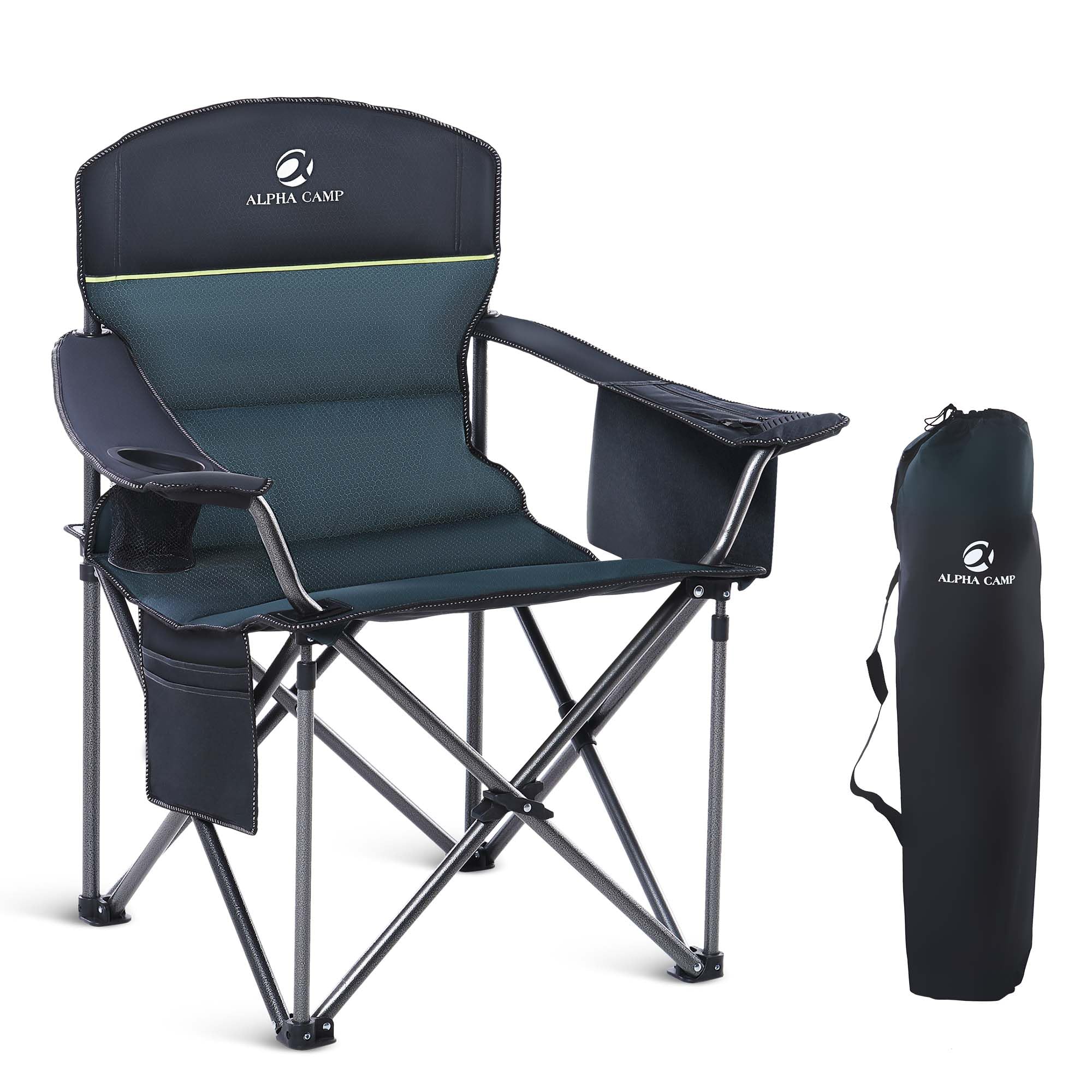 LET'S CAMP Folding Camping Chair Oversized Heavy Duty Padded Outdoor Chair with Cup Holder Storage and Cooler Bag, 450 LBS Weight Capacity, Thicken 600D Oxford